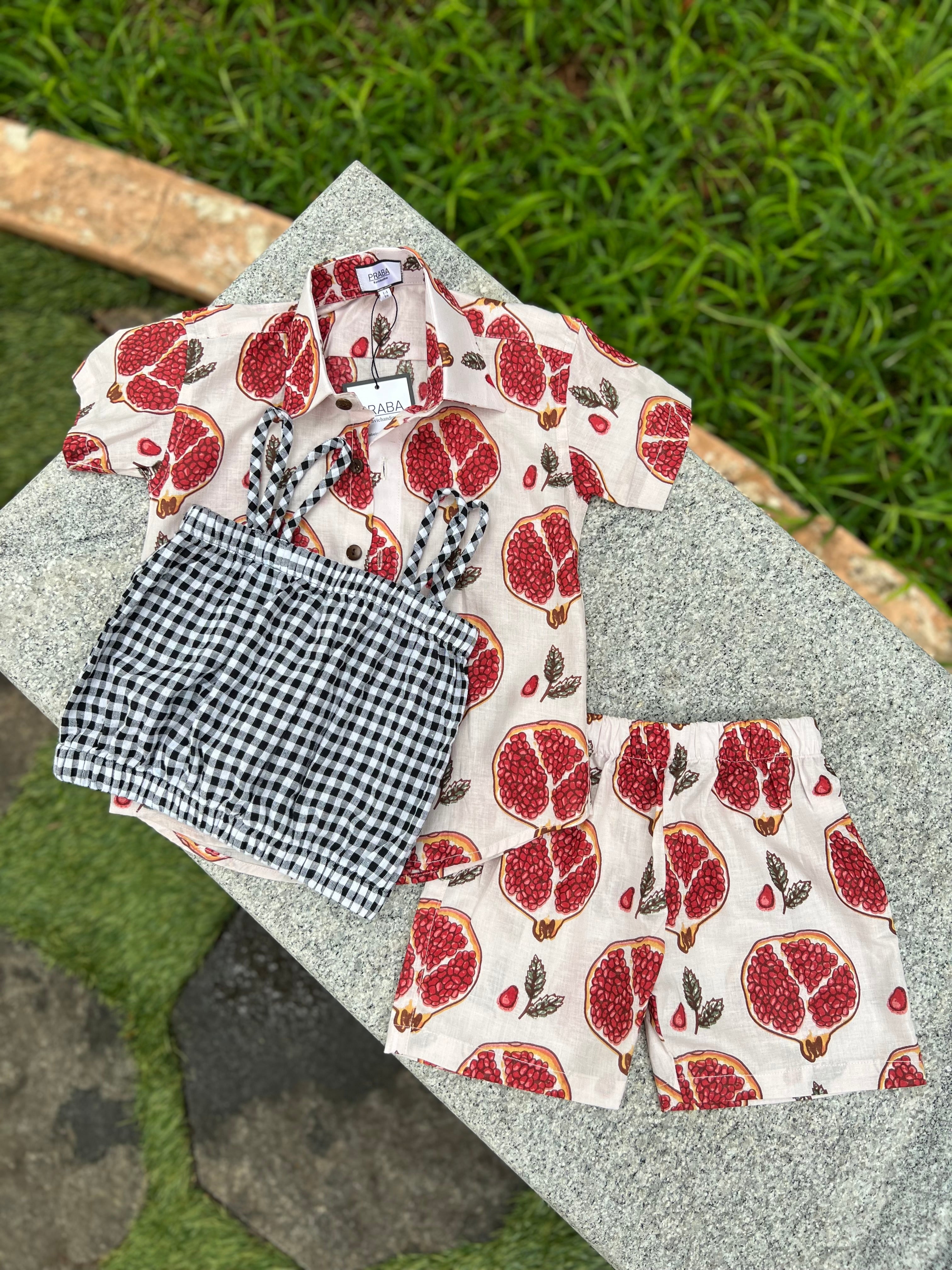 Pomegranate  print shirt with checked Tank Top & Shorts 3 piece set