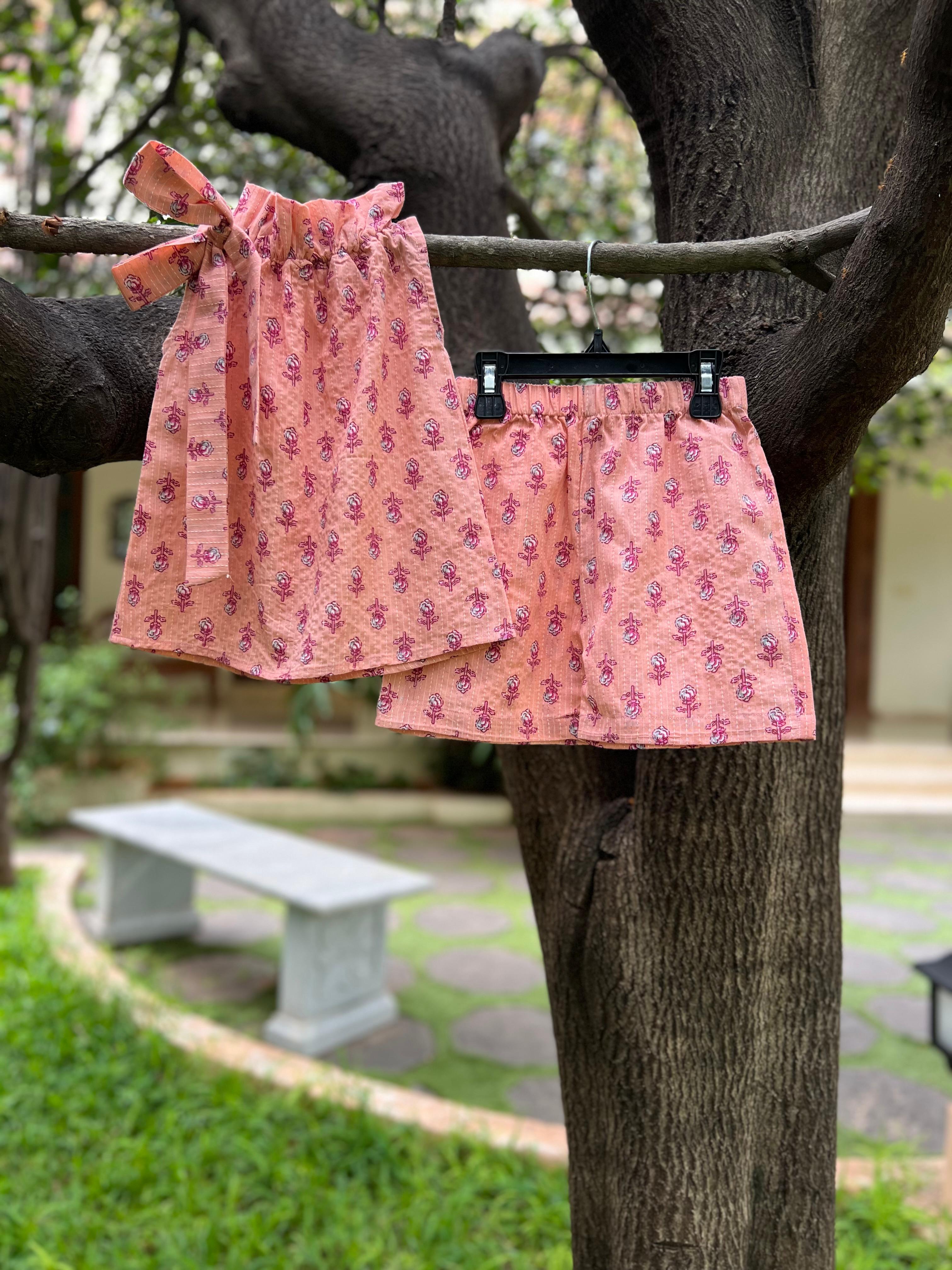 High Collar with Bow Peach shorts set