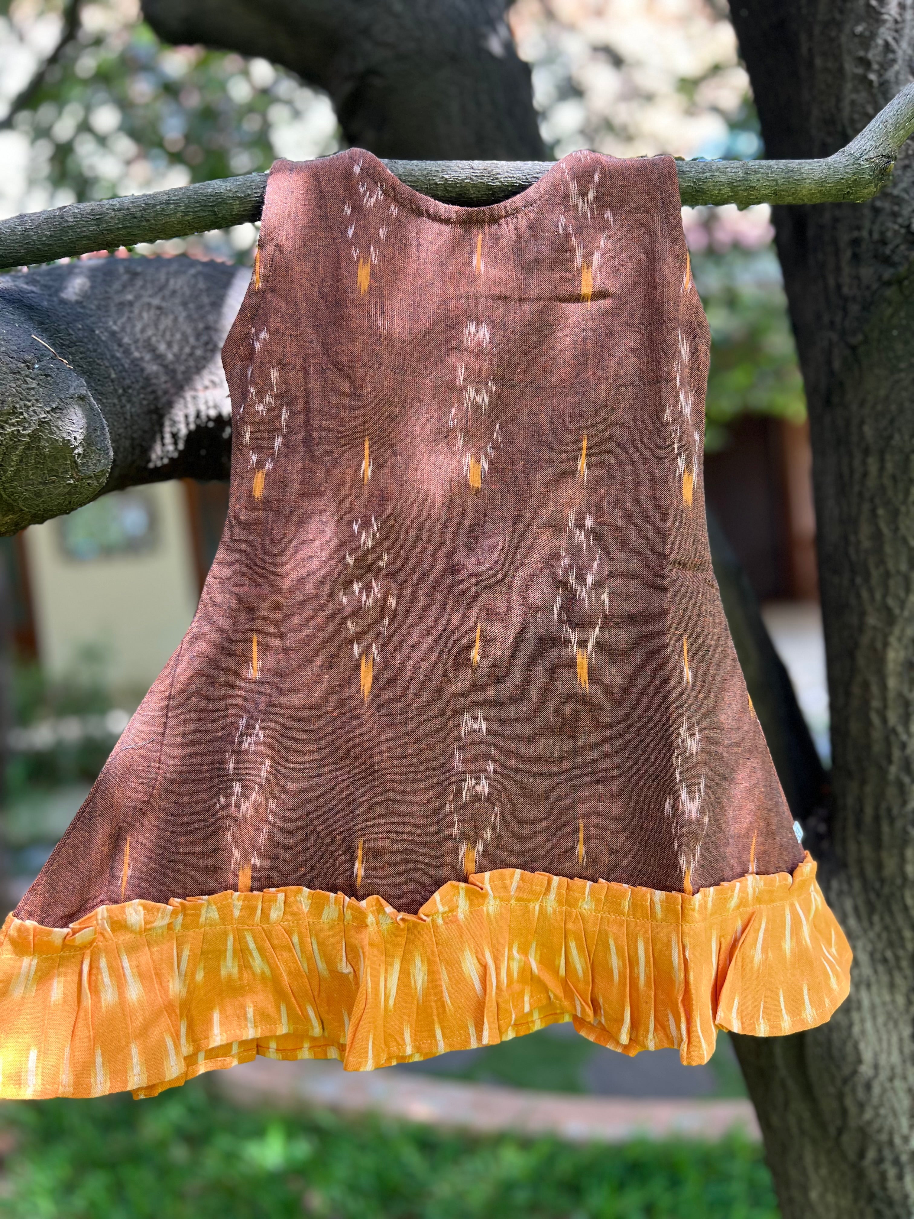 Ikkat Brown Dress with Yellow Ruffles