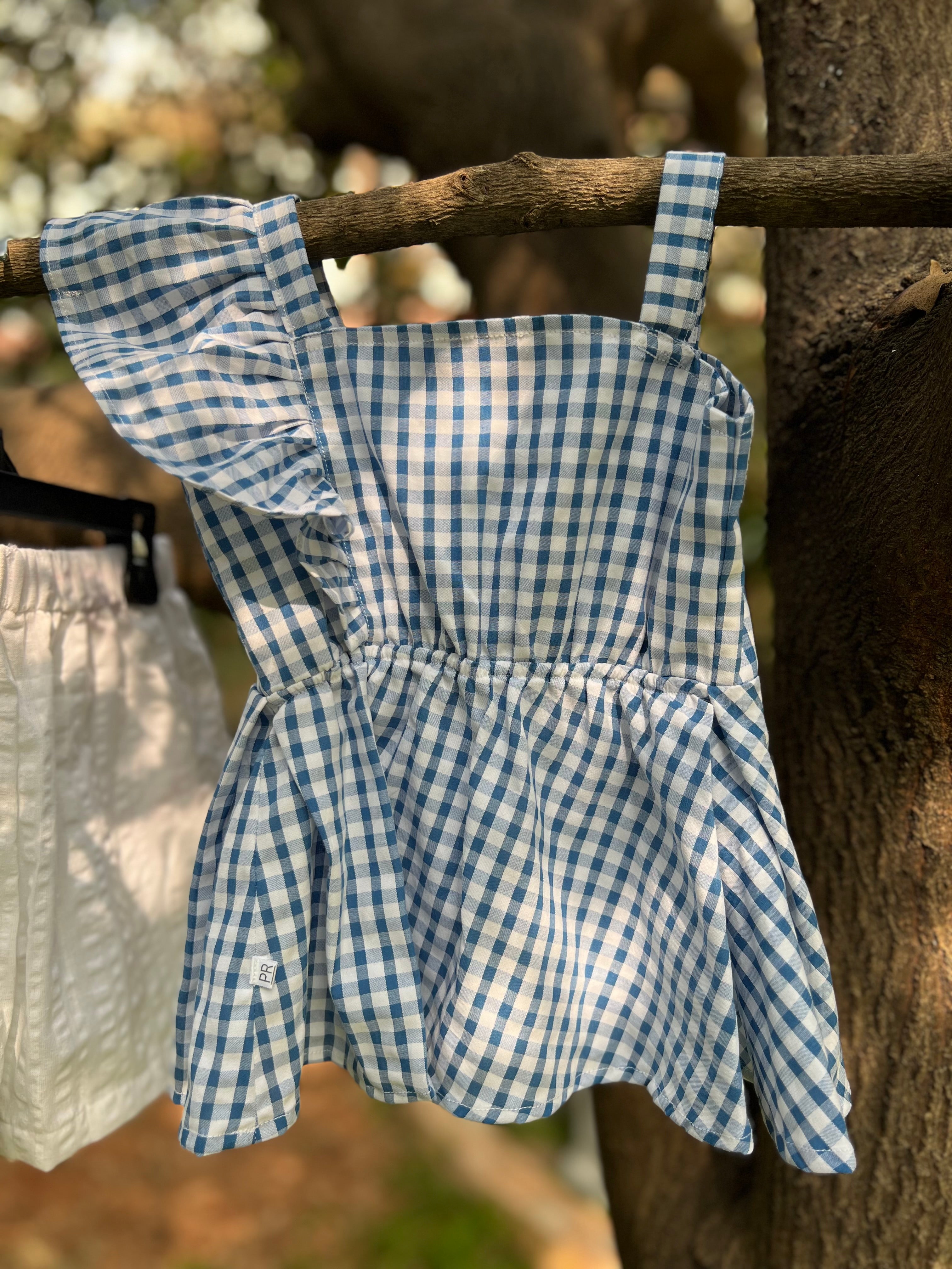 Blue Checked Top & White Shorts