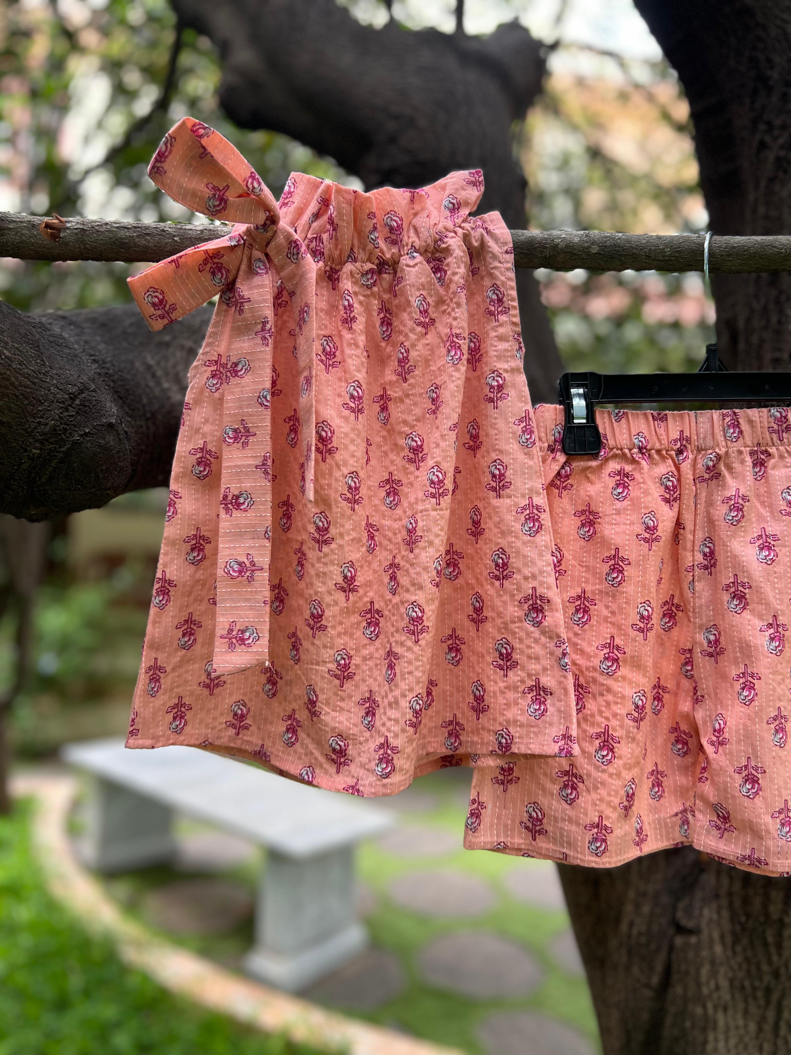 High Collar with Bow Peach shorts set