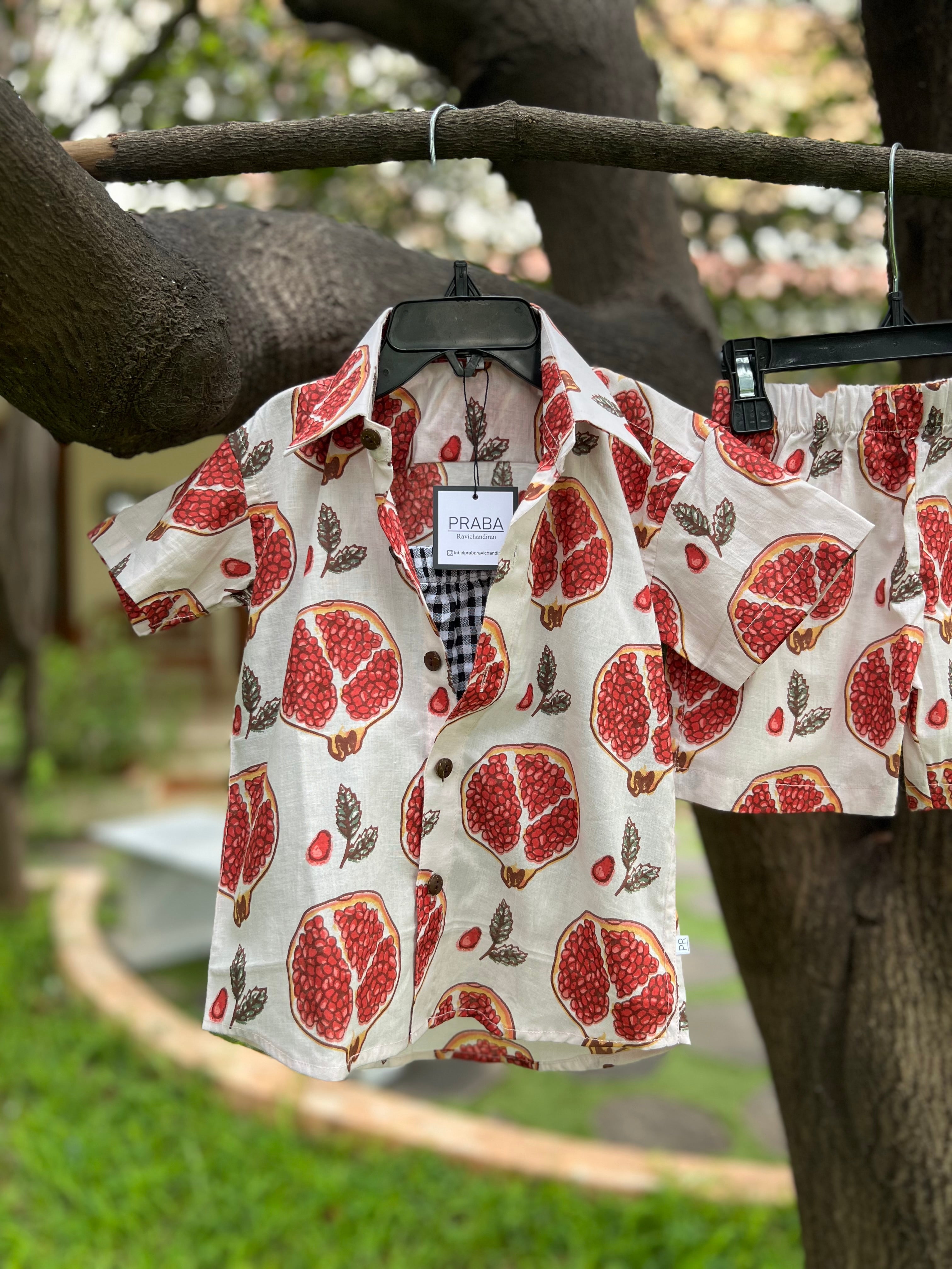 Pomegranate  print shirt with checked Tank Top & Shorts 3 piece set