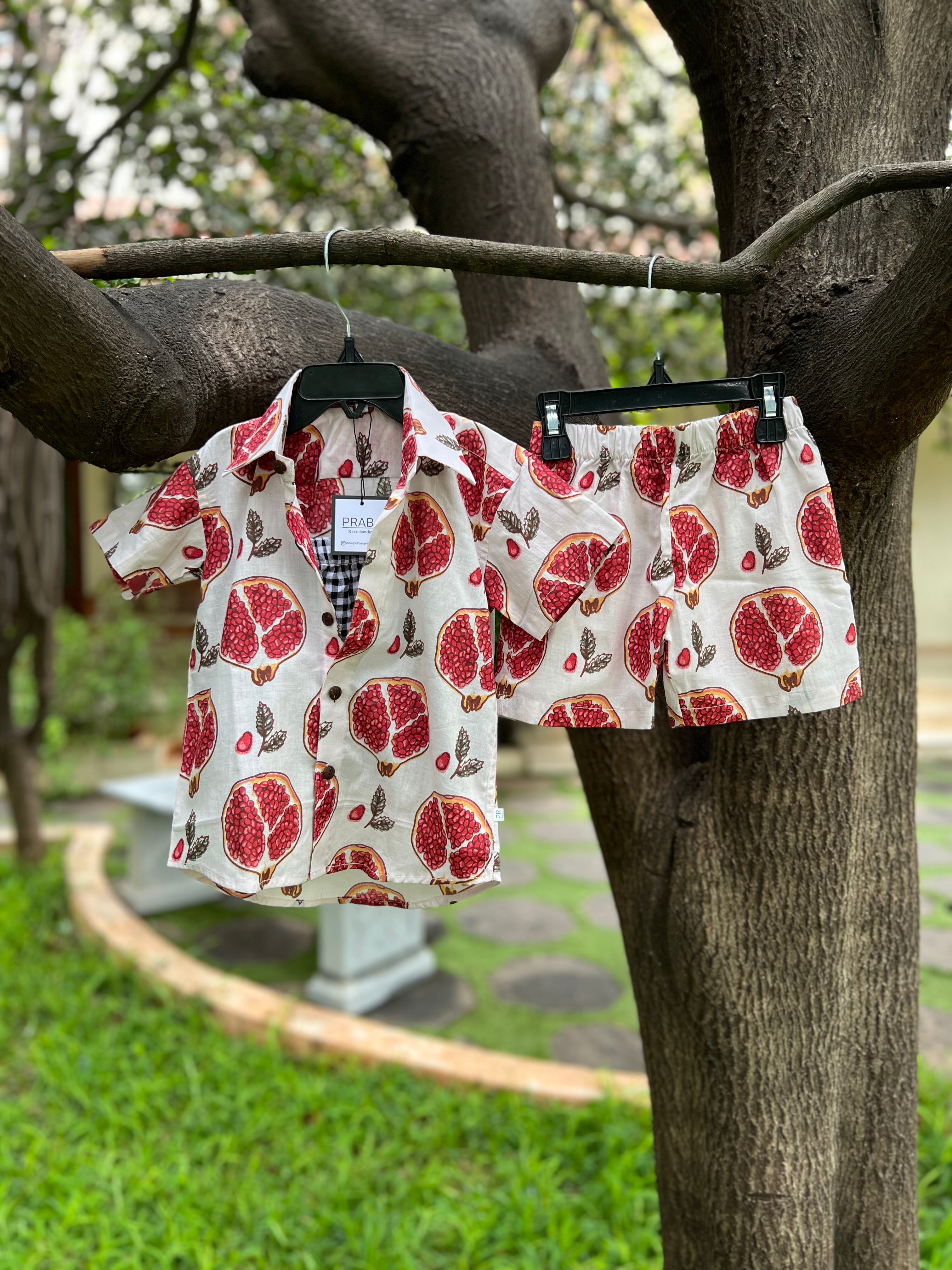 Pomegranate  print shirt with checked Tank Top & Shorts 3 piece set
