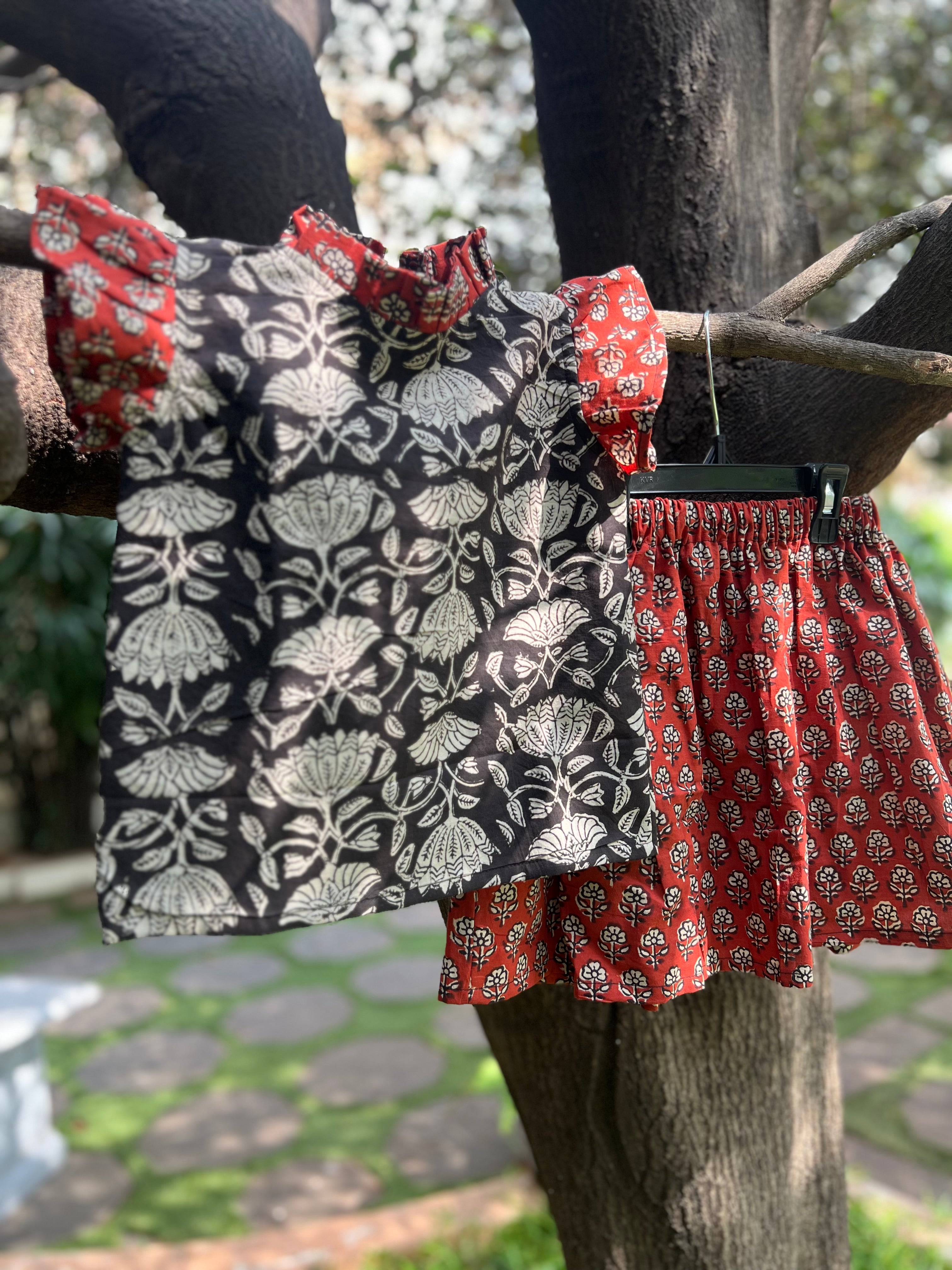 Black Floral Top & Red Skirt