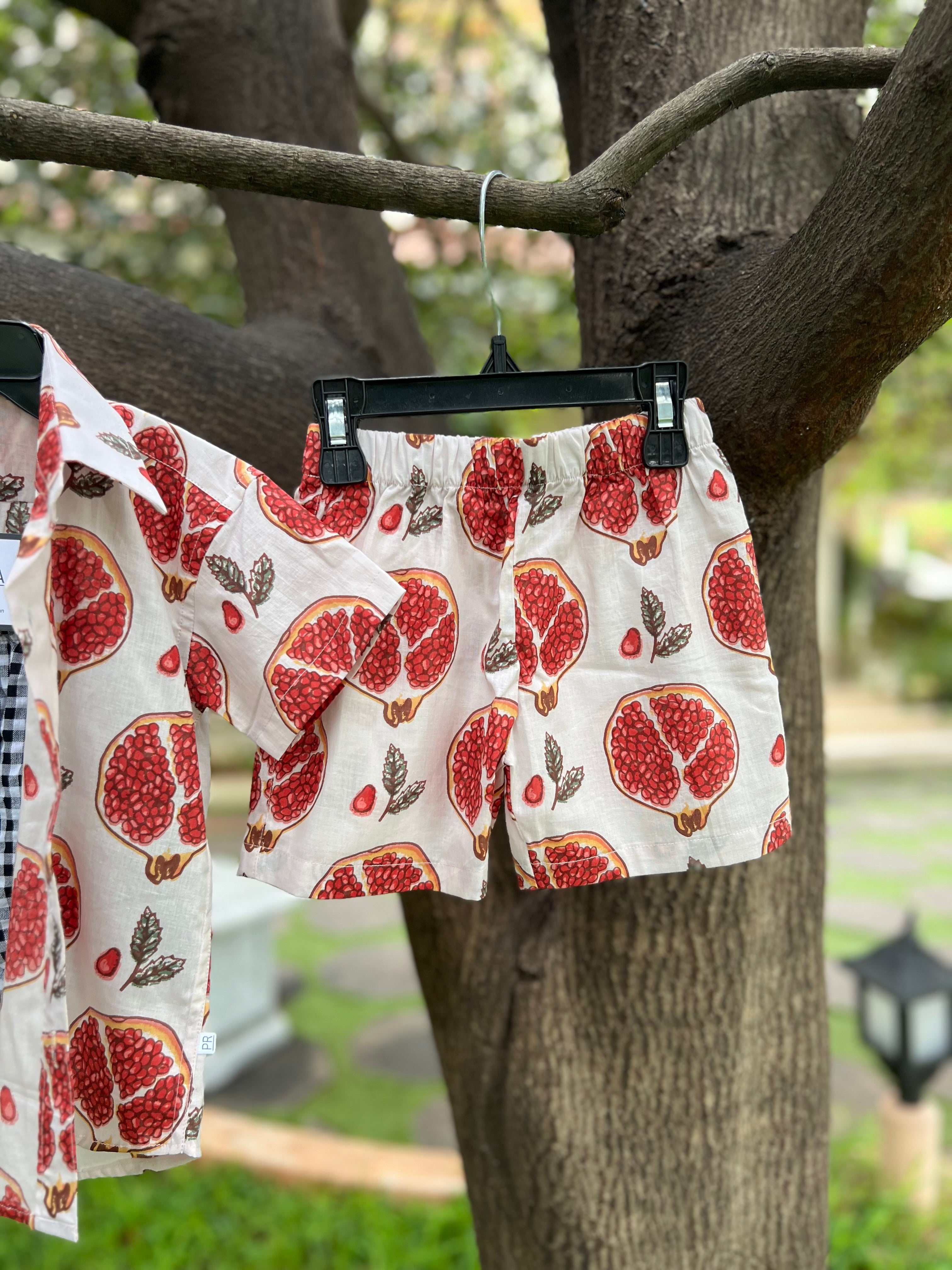 Pomegranate  print shirt with checked Tank Top & Shorts 3 piece set