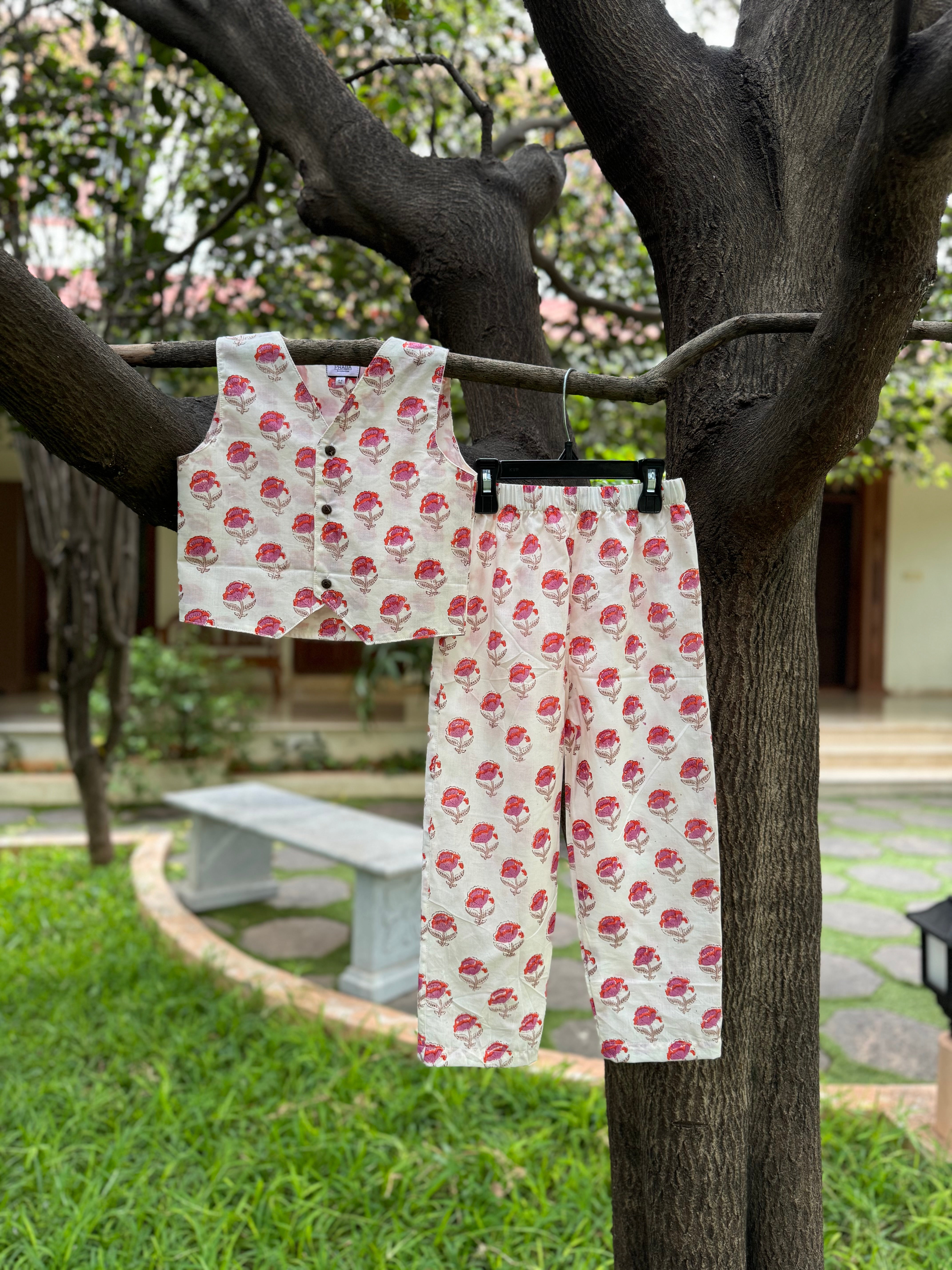2 Piece Red Floral Waistcoat & Pant Set