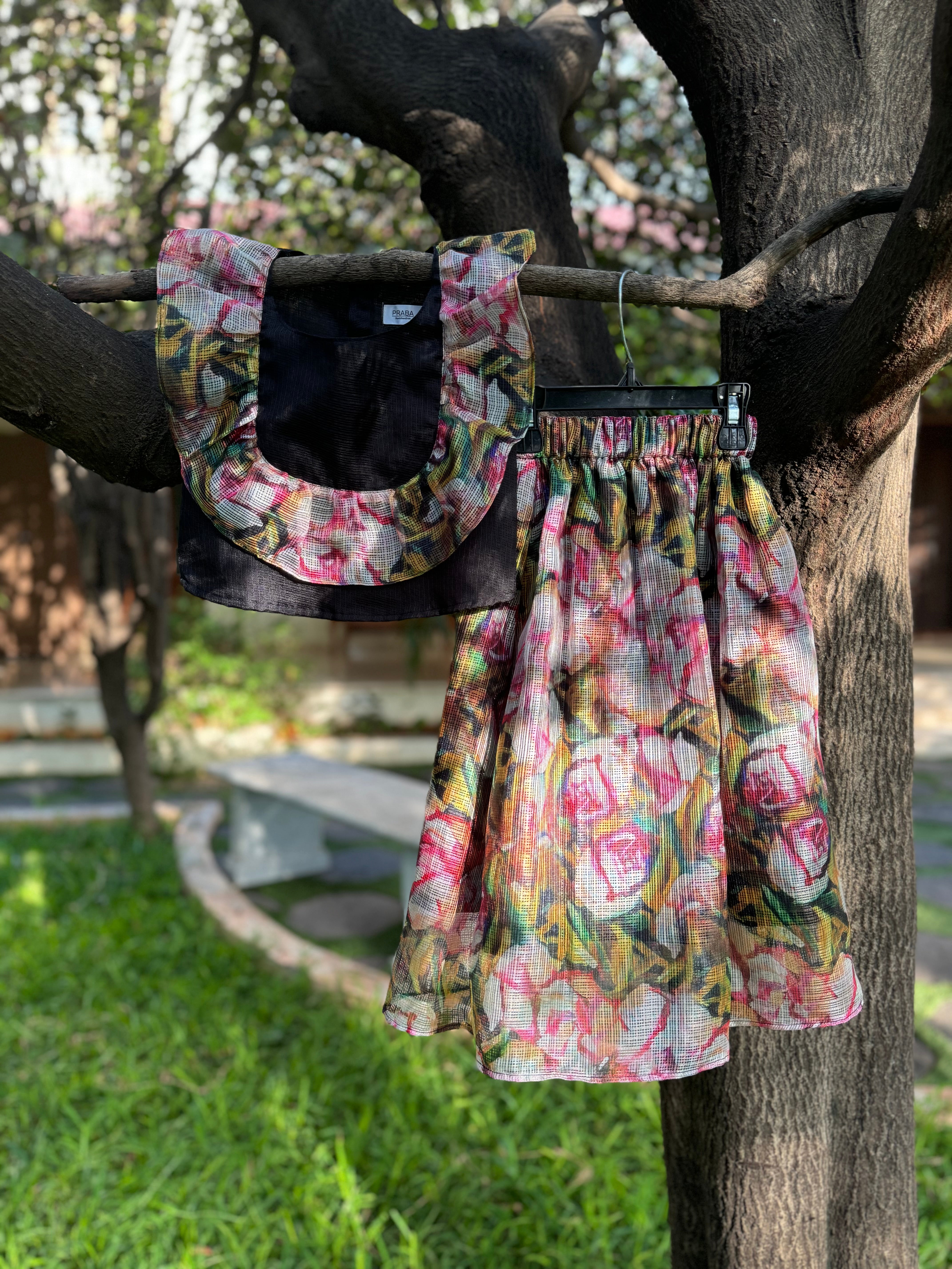 Black Floral Kota Full Skirt Set