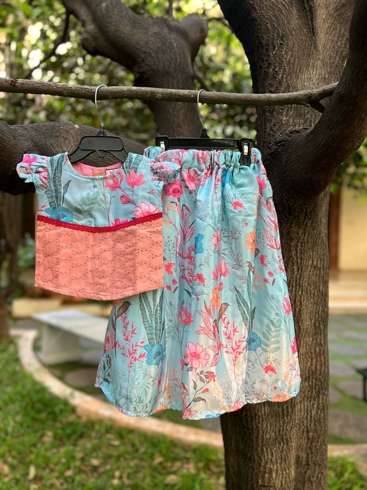 Floral Blue & Orange Skirt Set