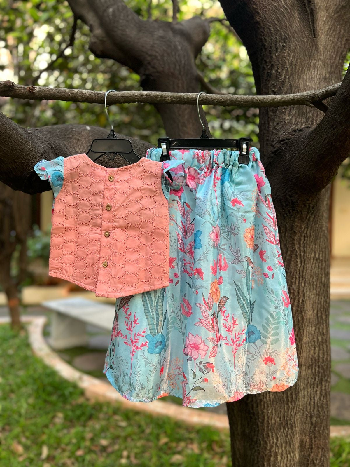 Floral Blue & Orange Skirt Set