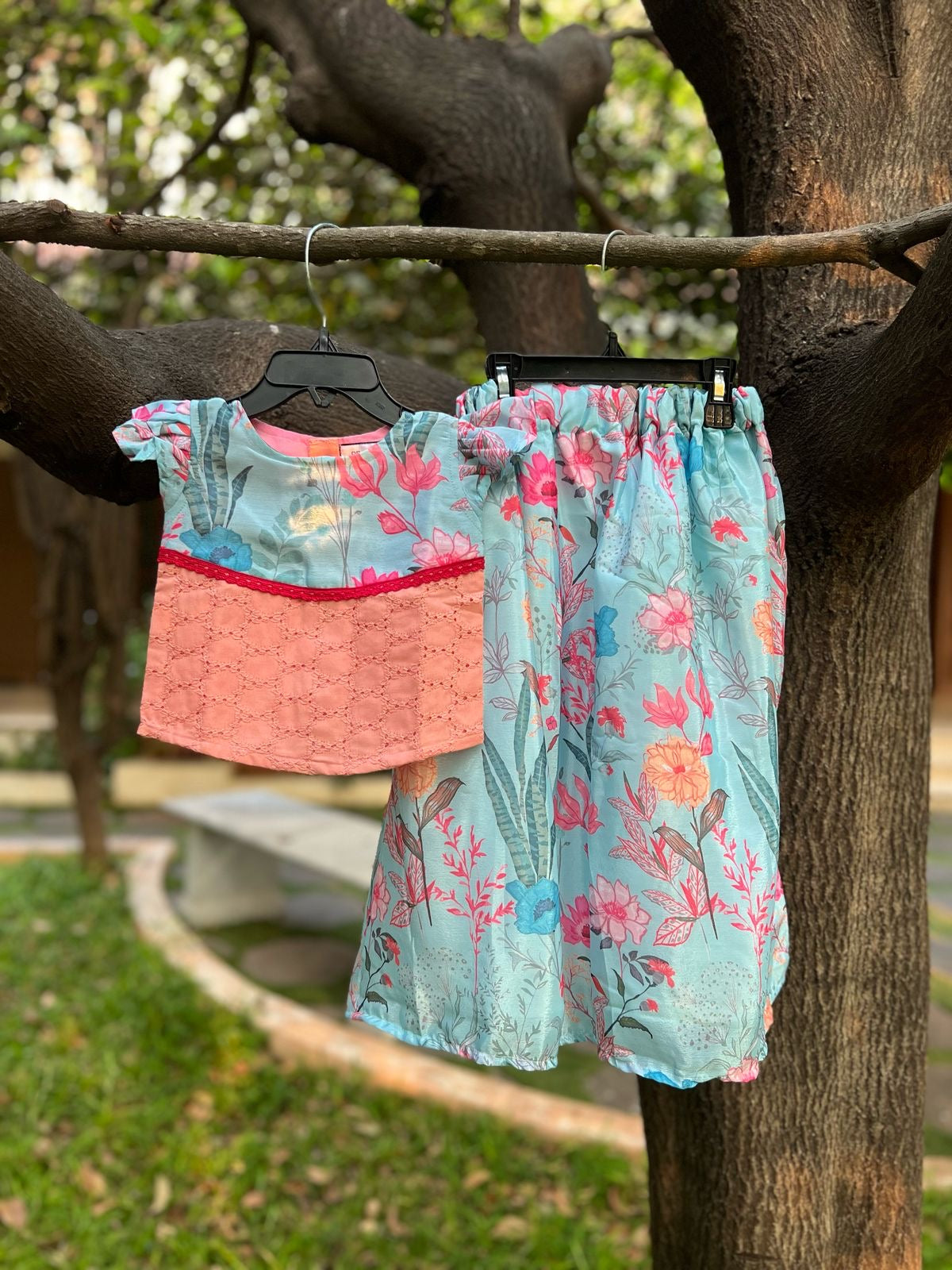 Floral Blue & Orange Skirt Set