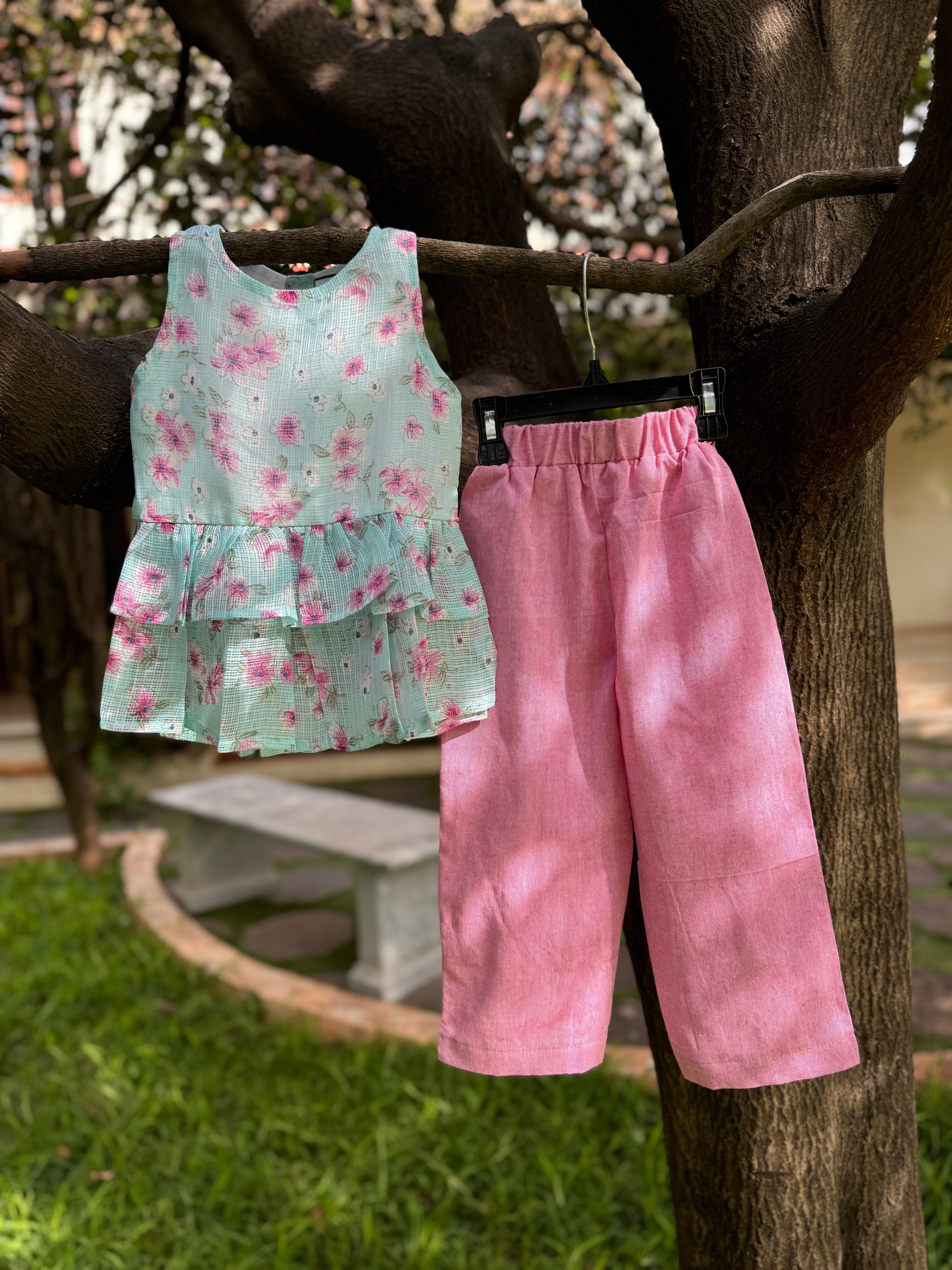 Ice Blue Floral Kota Top & Pink cotton pant