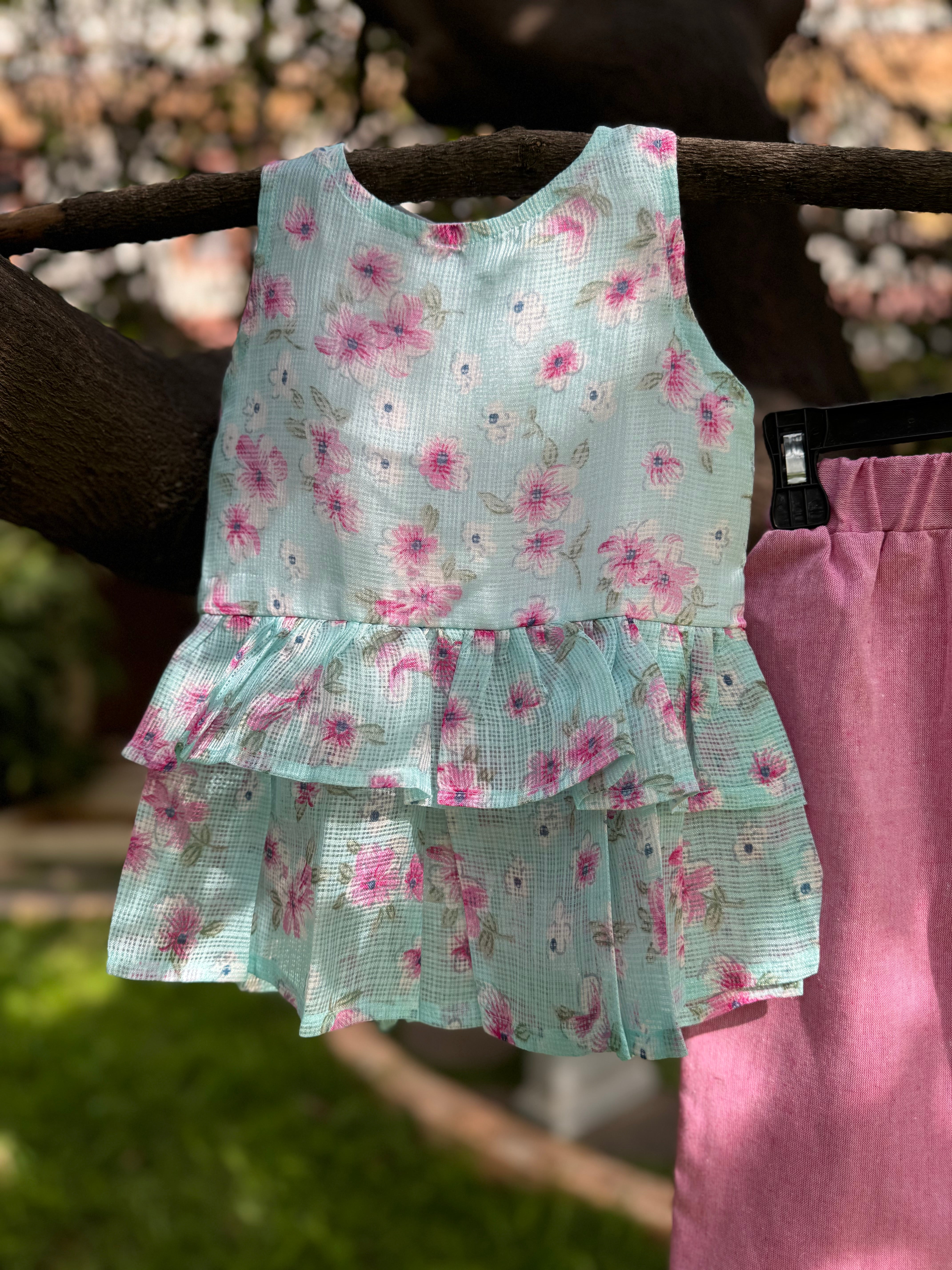 Ice Blue Floral Kota Top & Pink cotton pant