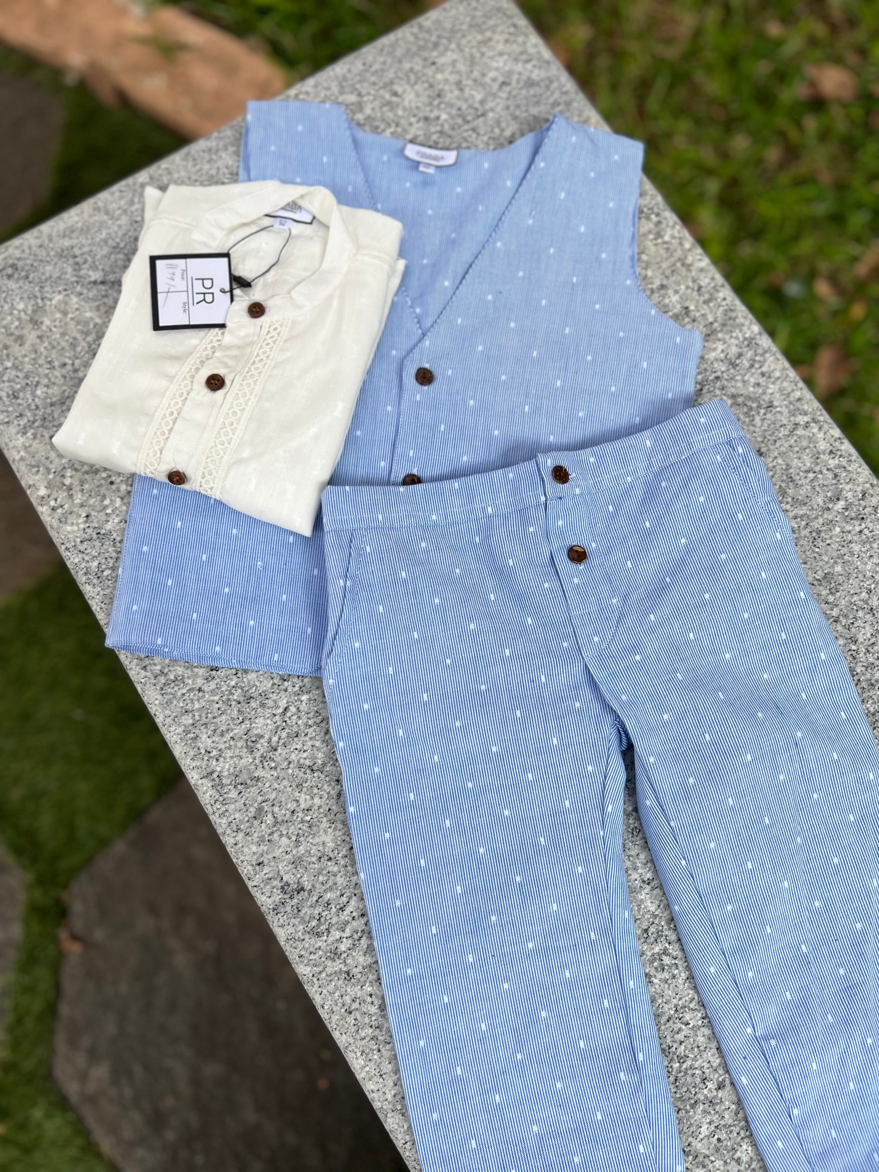 Blue & White Waist Coat 3 Piece suit