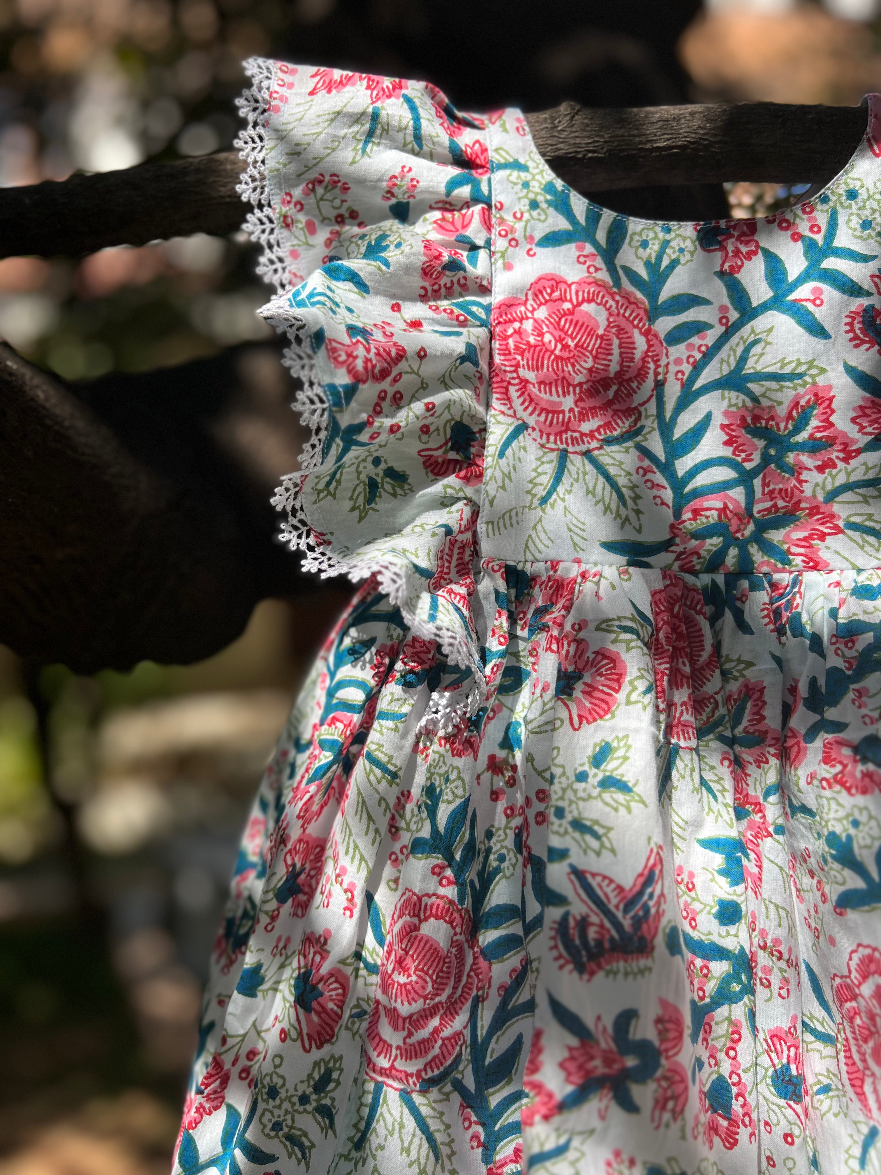 Pink & Blue Floral Dress (Double lining)