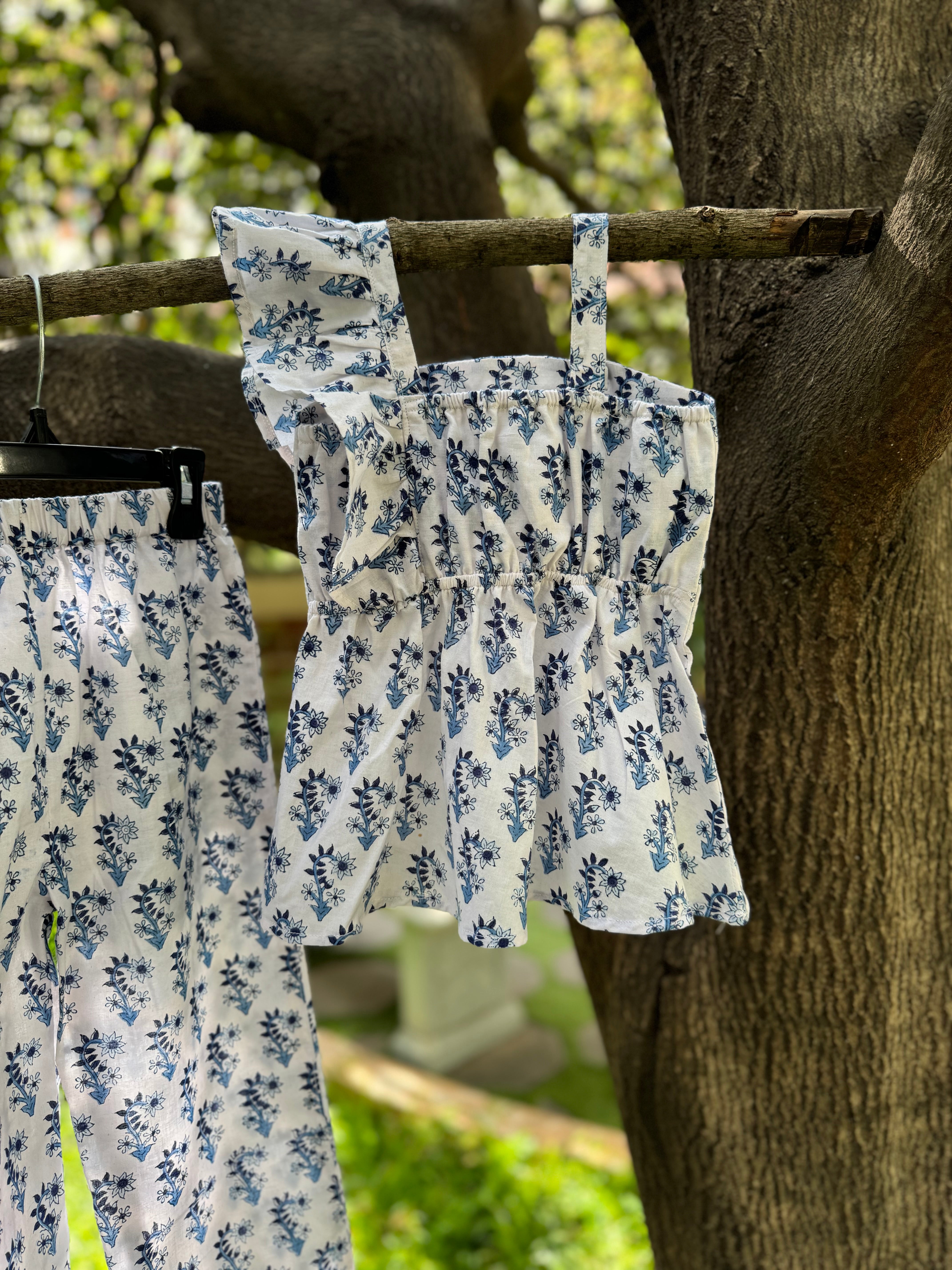 White & Blue Floral Co-ords, Single Shoulder Strap