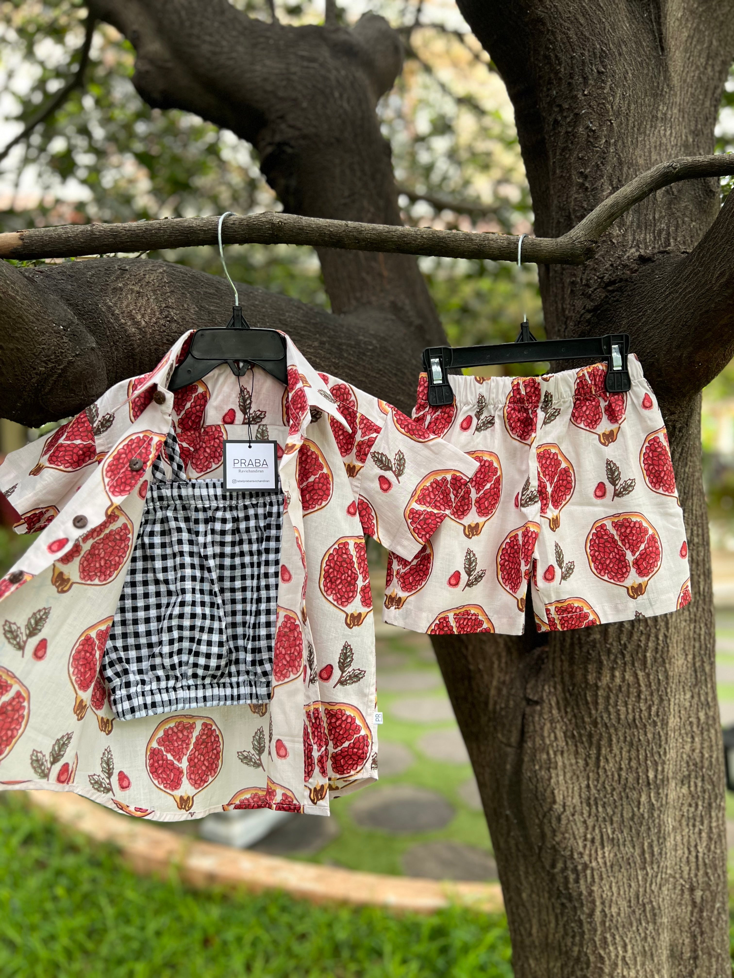 Pomegranate  print shirt with checked Tank Top & Shorts 3 piece set