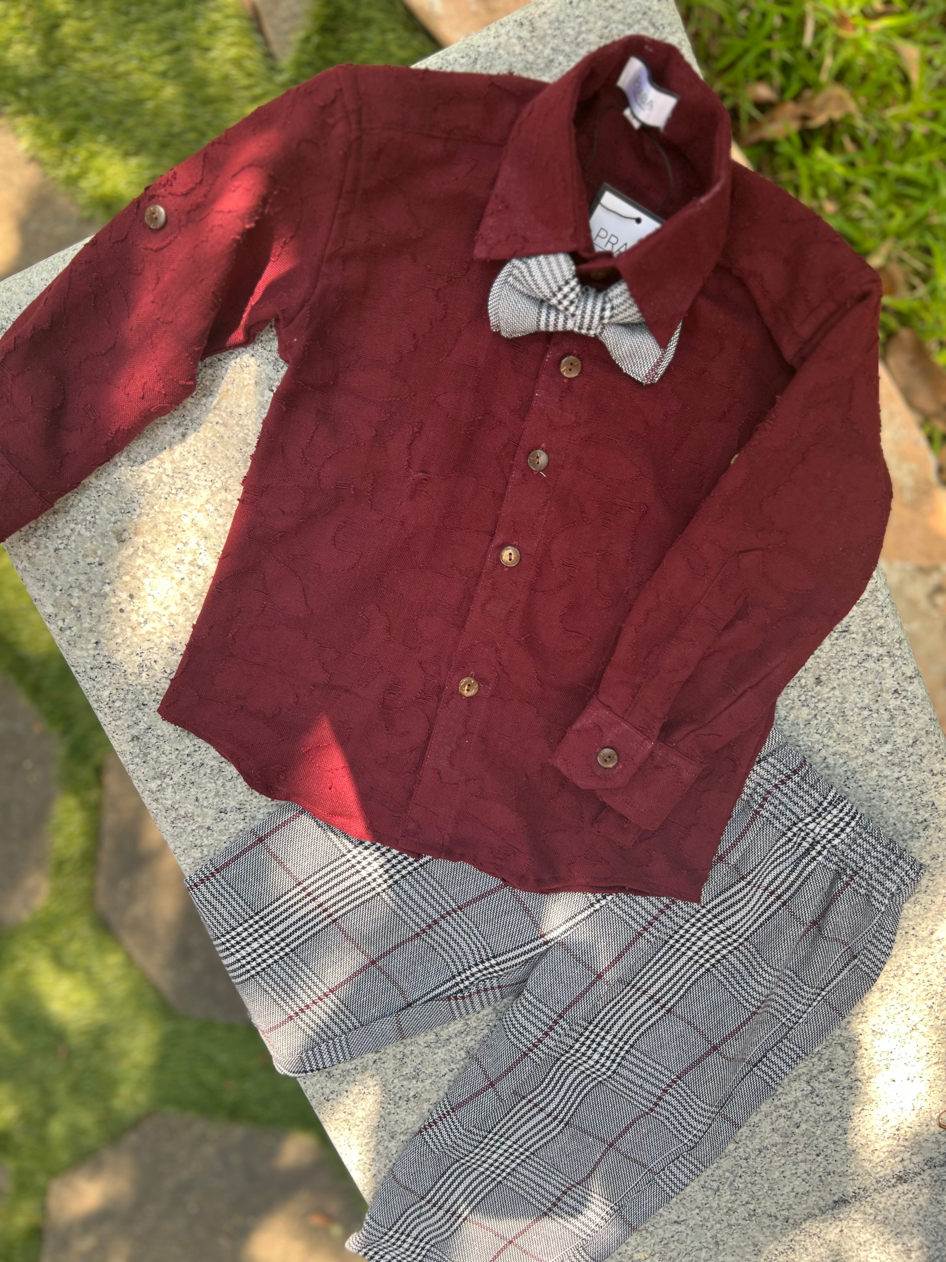 Maroon shirt and stripped Trousers 3 Piece Bow set