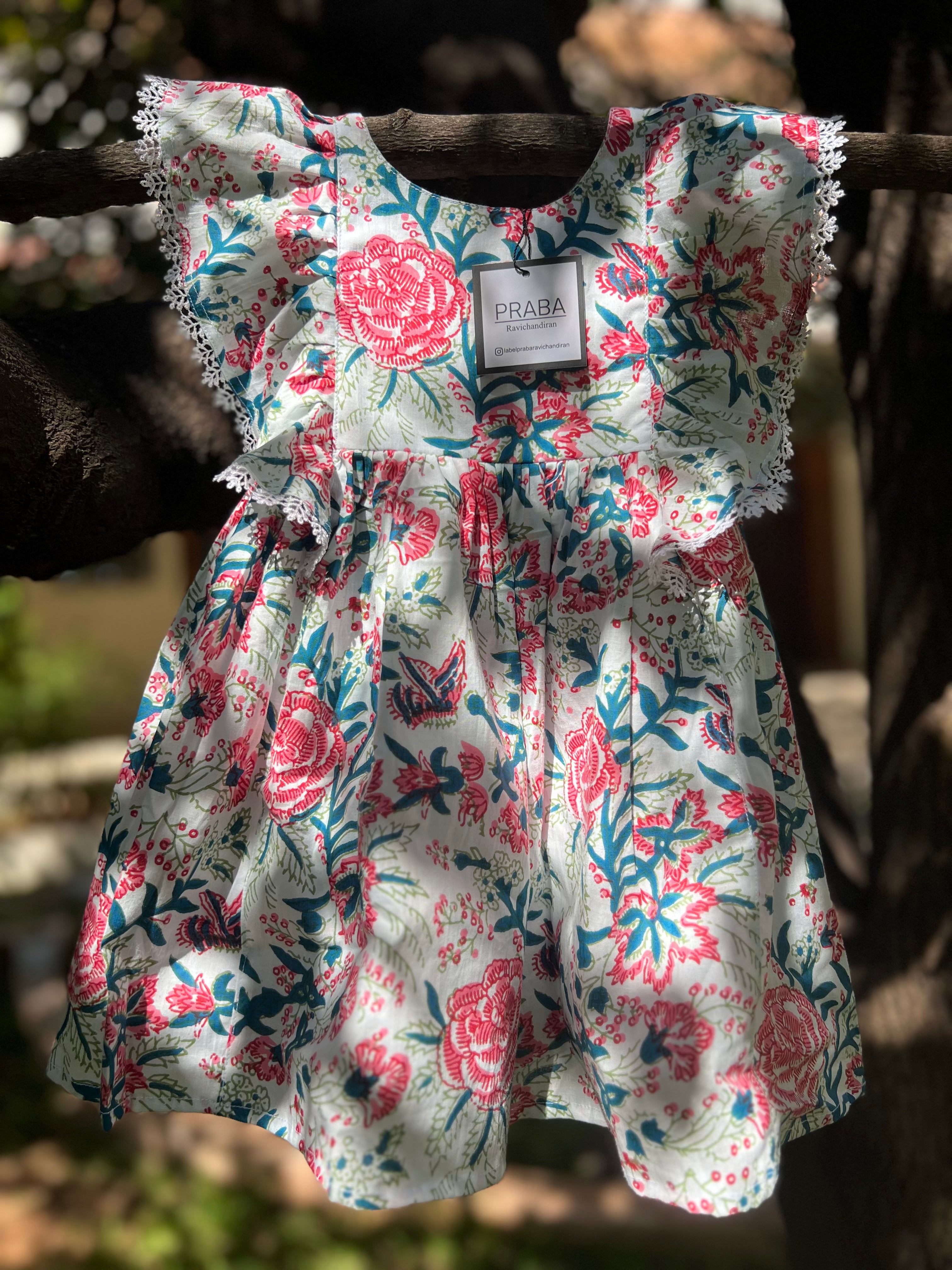 Pink & Blue Floral Dress (Double lining)