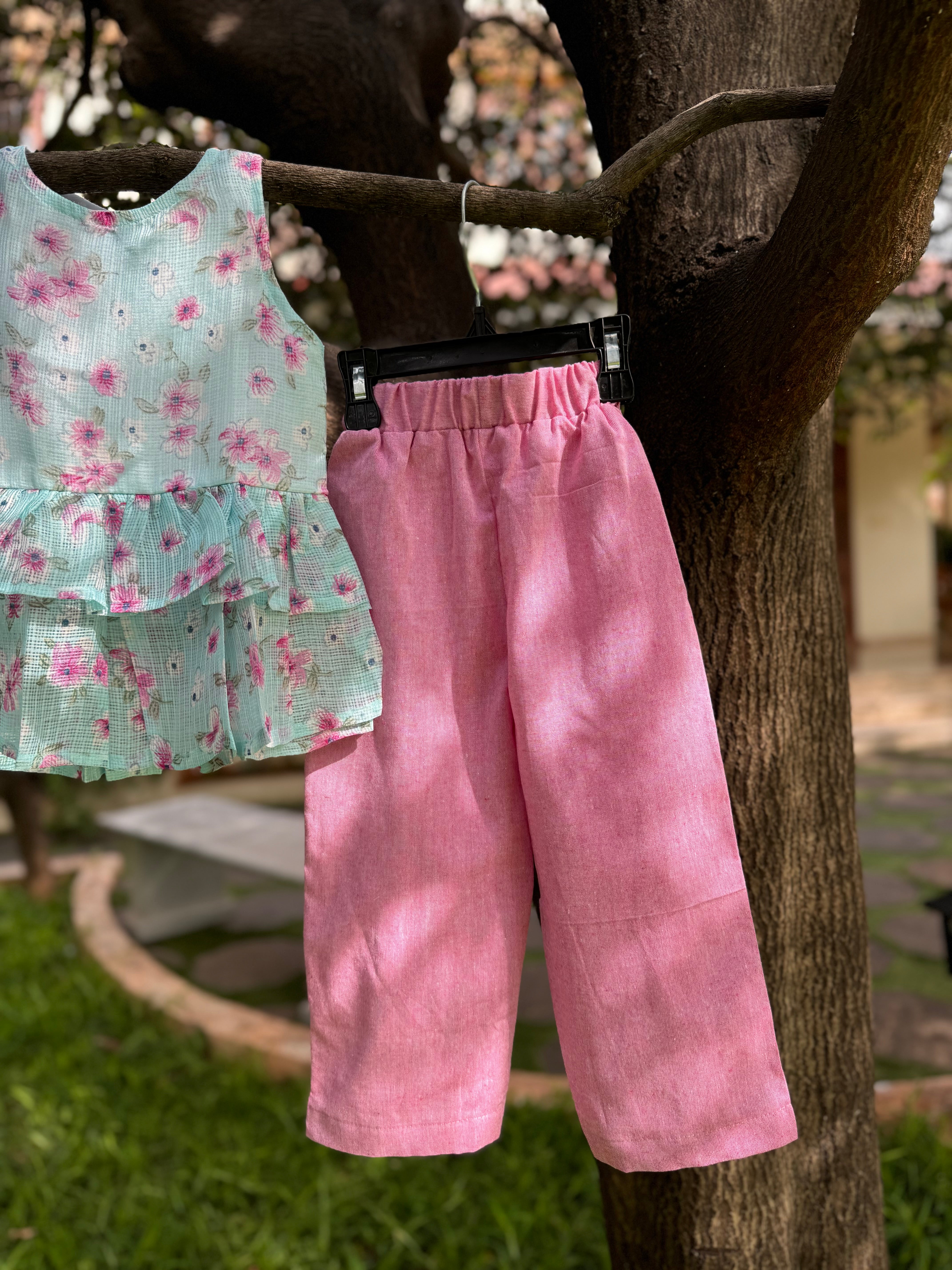 Ice Blue Floral Kota Top & Pink cotton pant