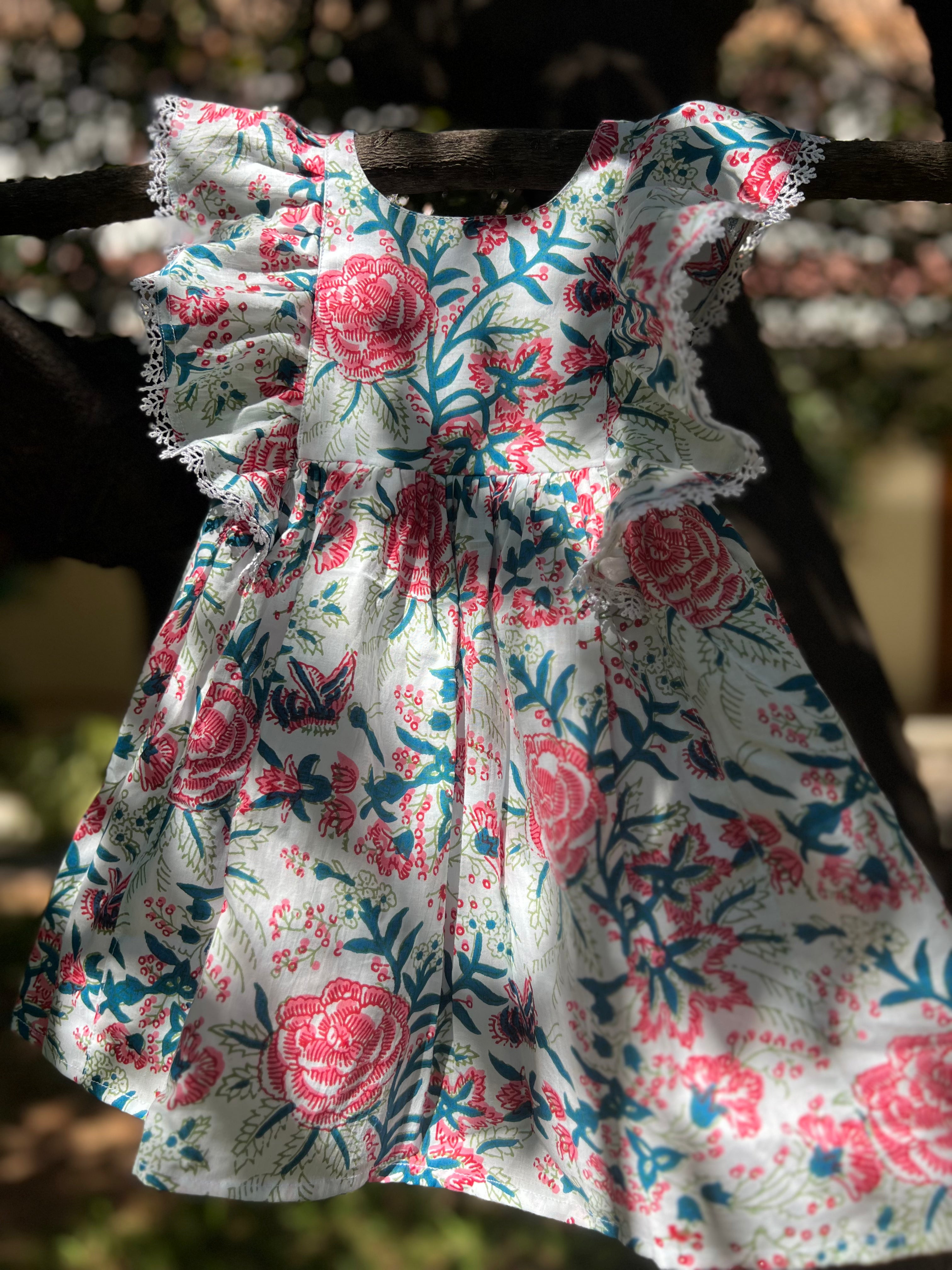 Pink & Blue Floral Dress (Double lining)