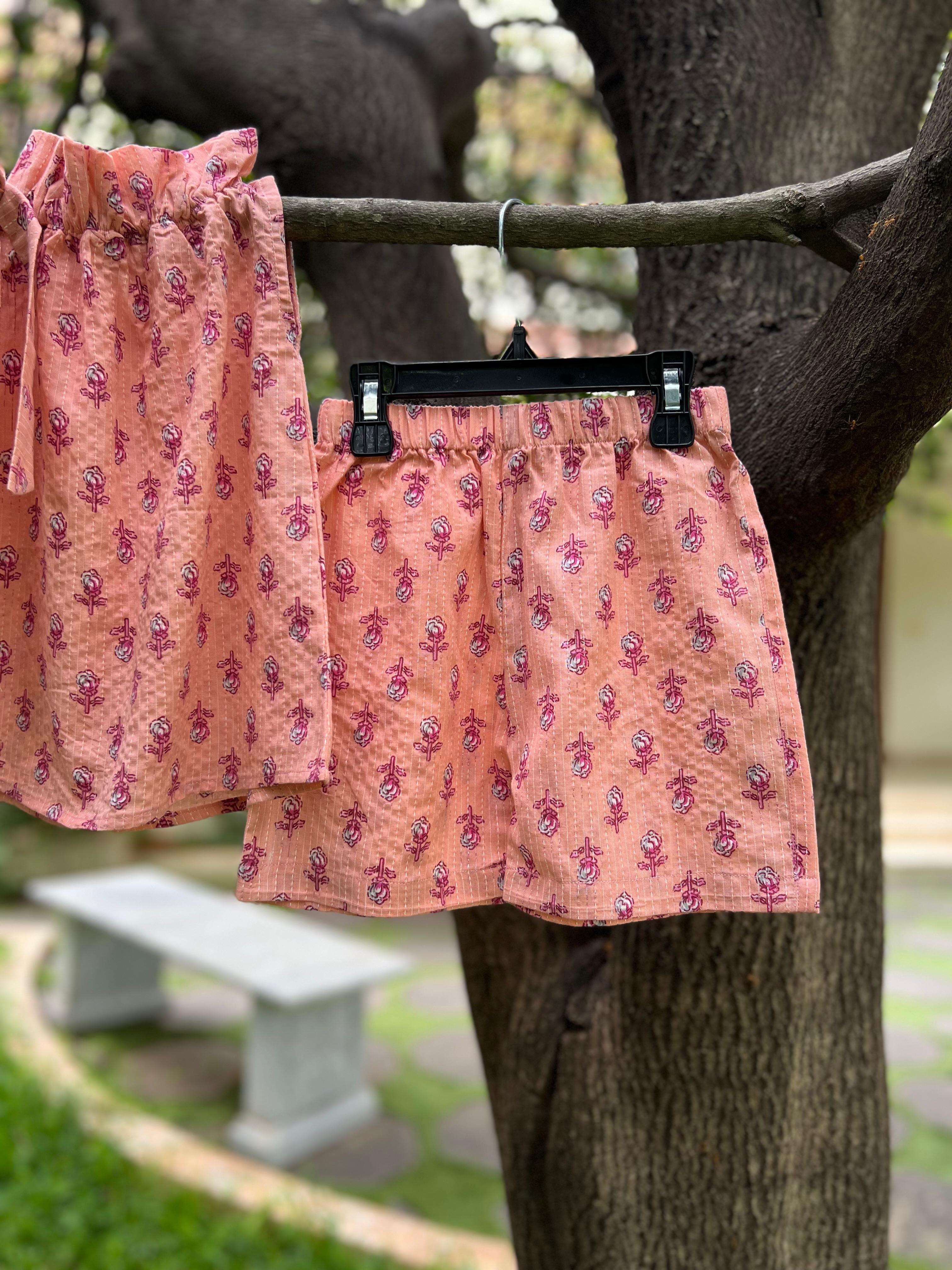 High Collar with Bow Peach shorts set