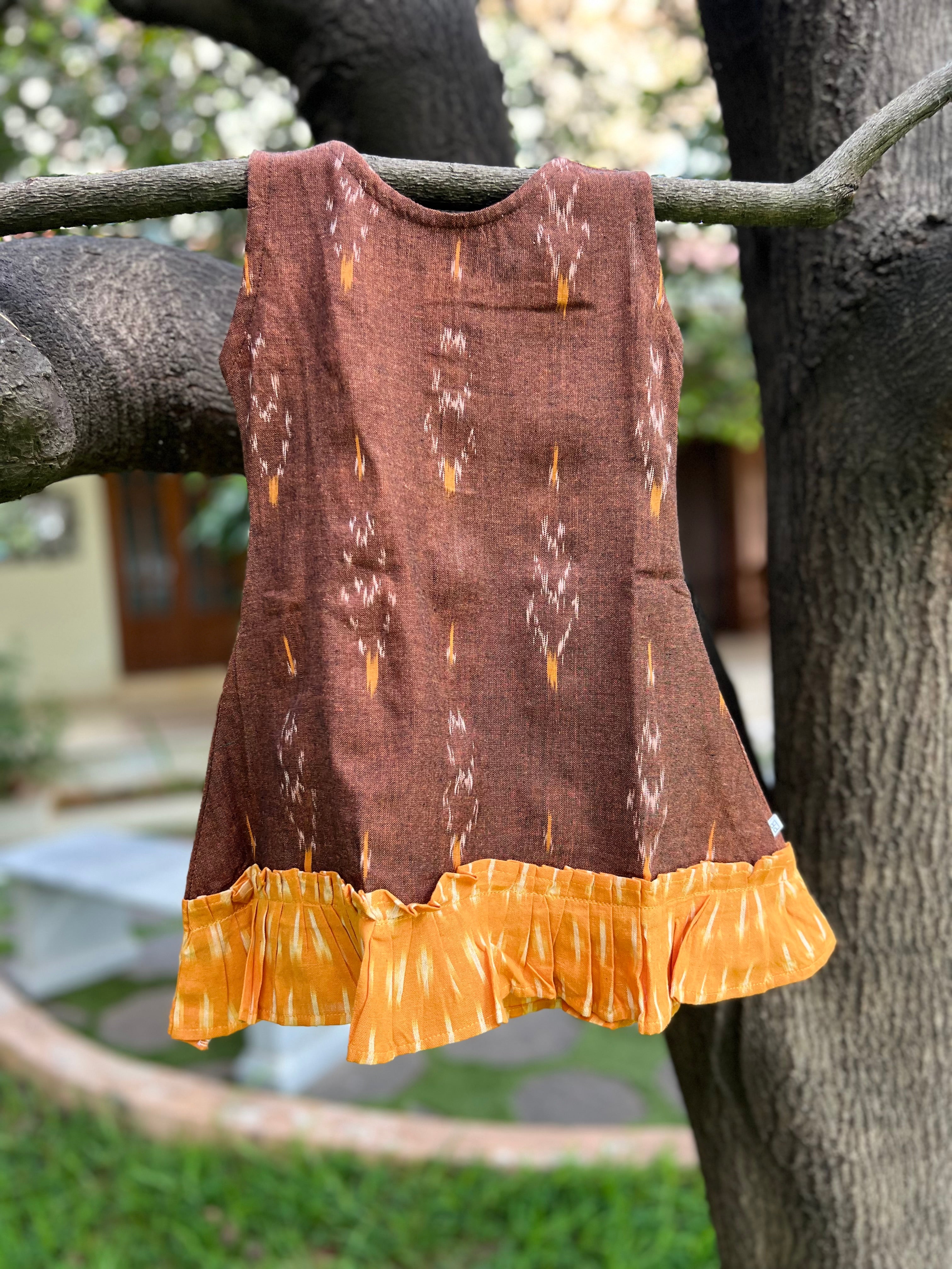 Ikkat Brown Dress with Yellow Ruffles