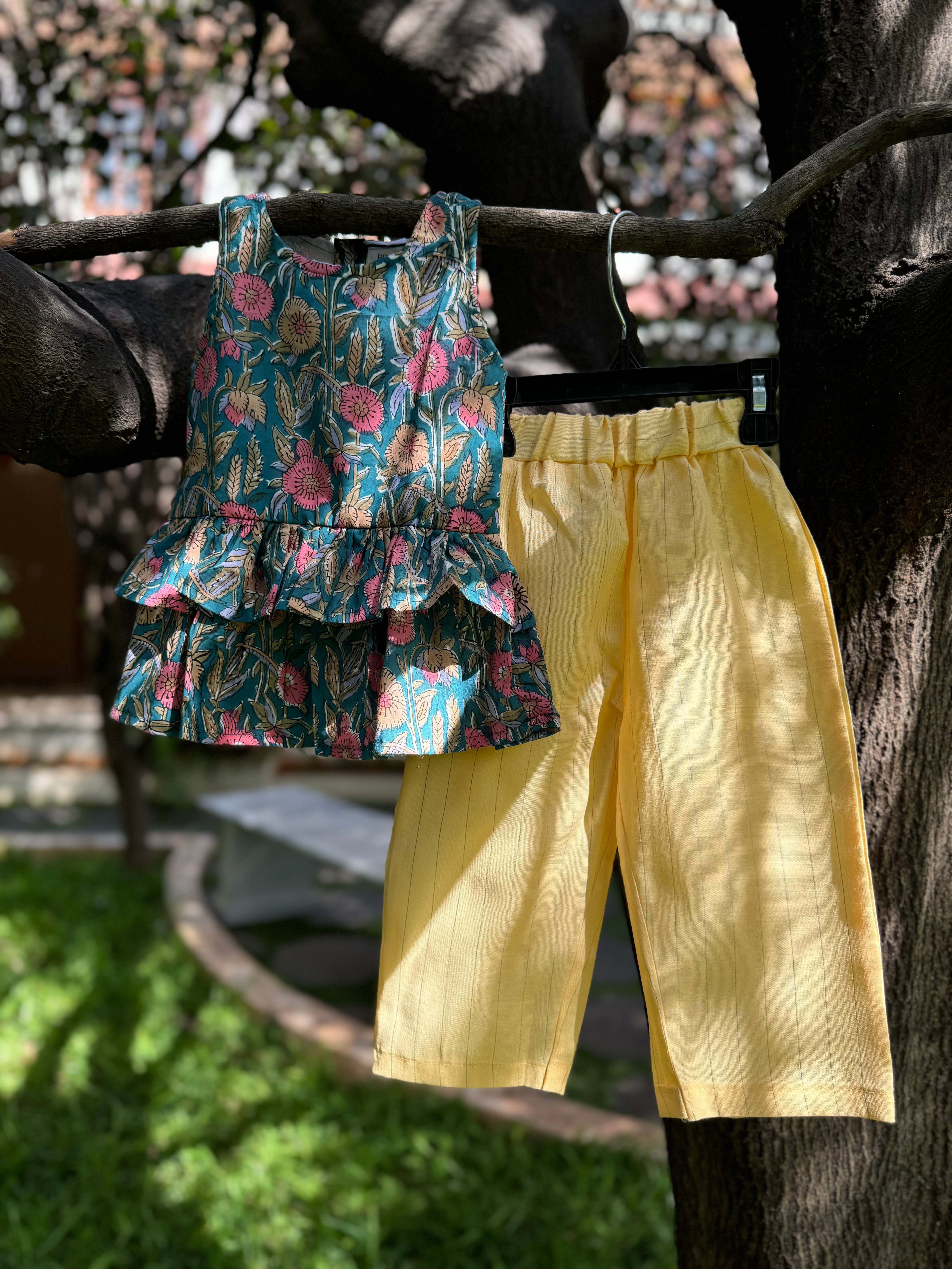 Floral Top & Yellow strip pant