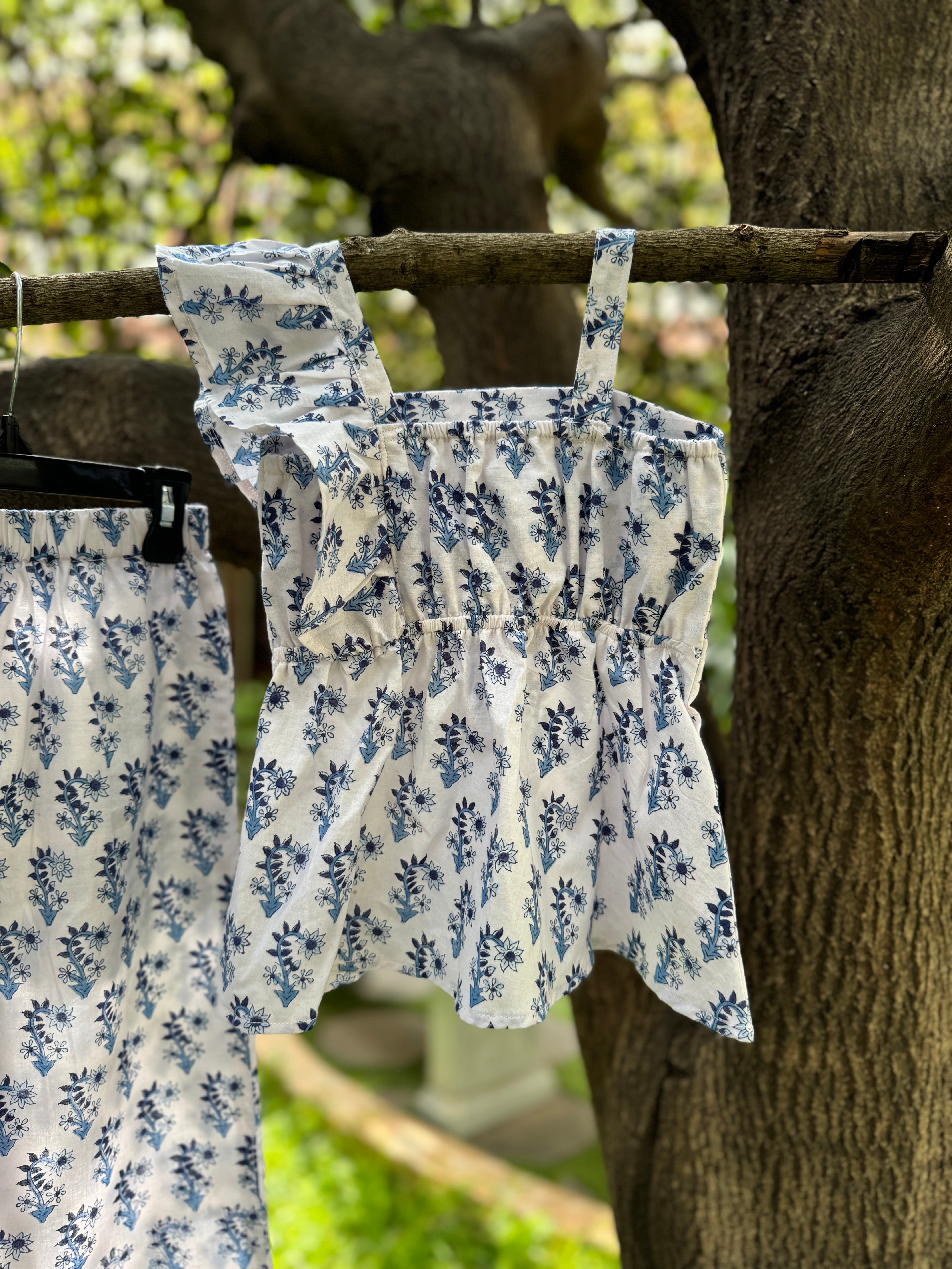 White & Blue Floral Co-ords, Single Shoulder Strap