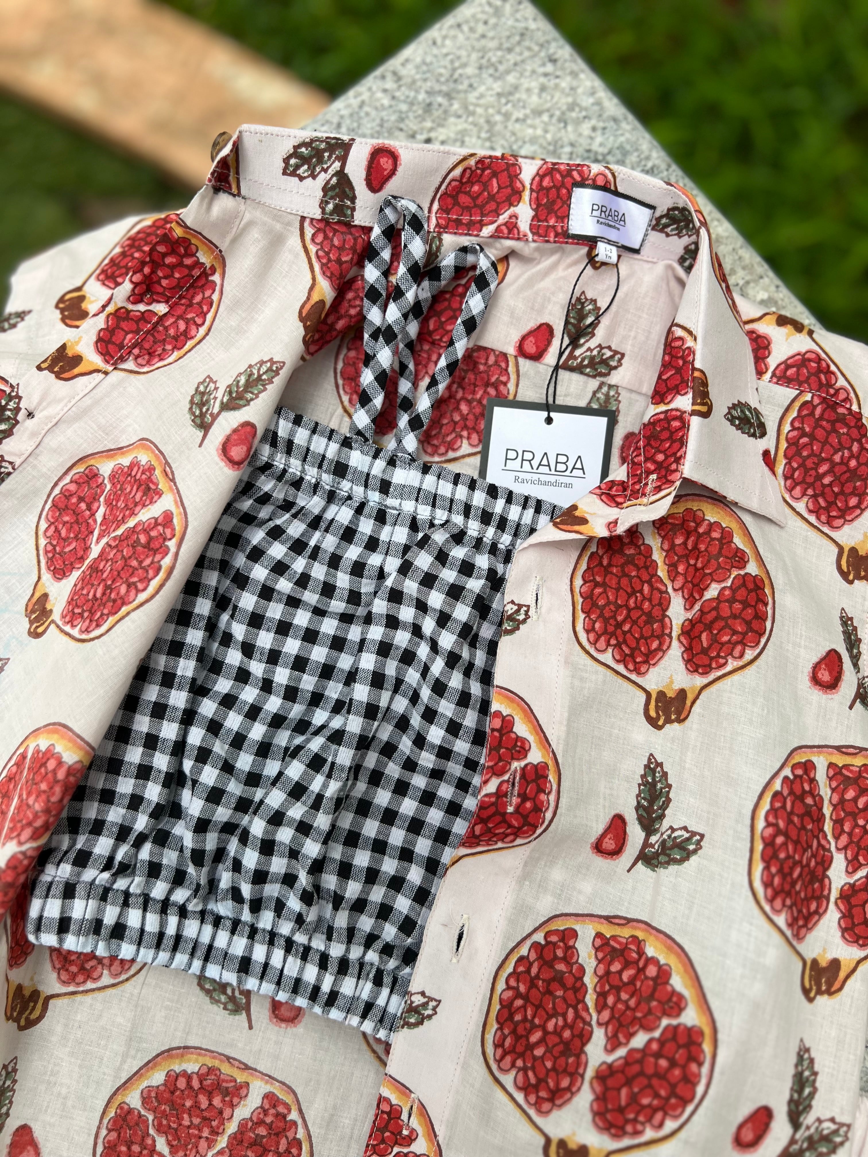 Pomegranate  print shirt with checked Tank Top & Shorts 3 piece set