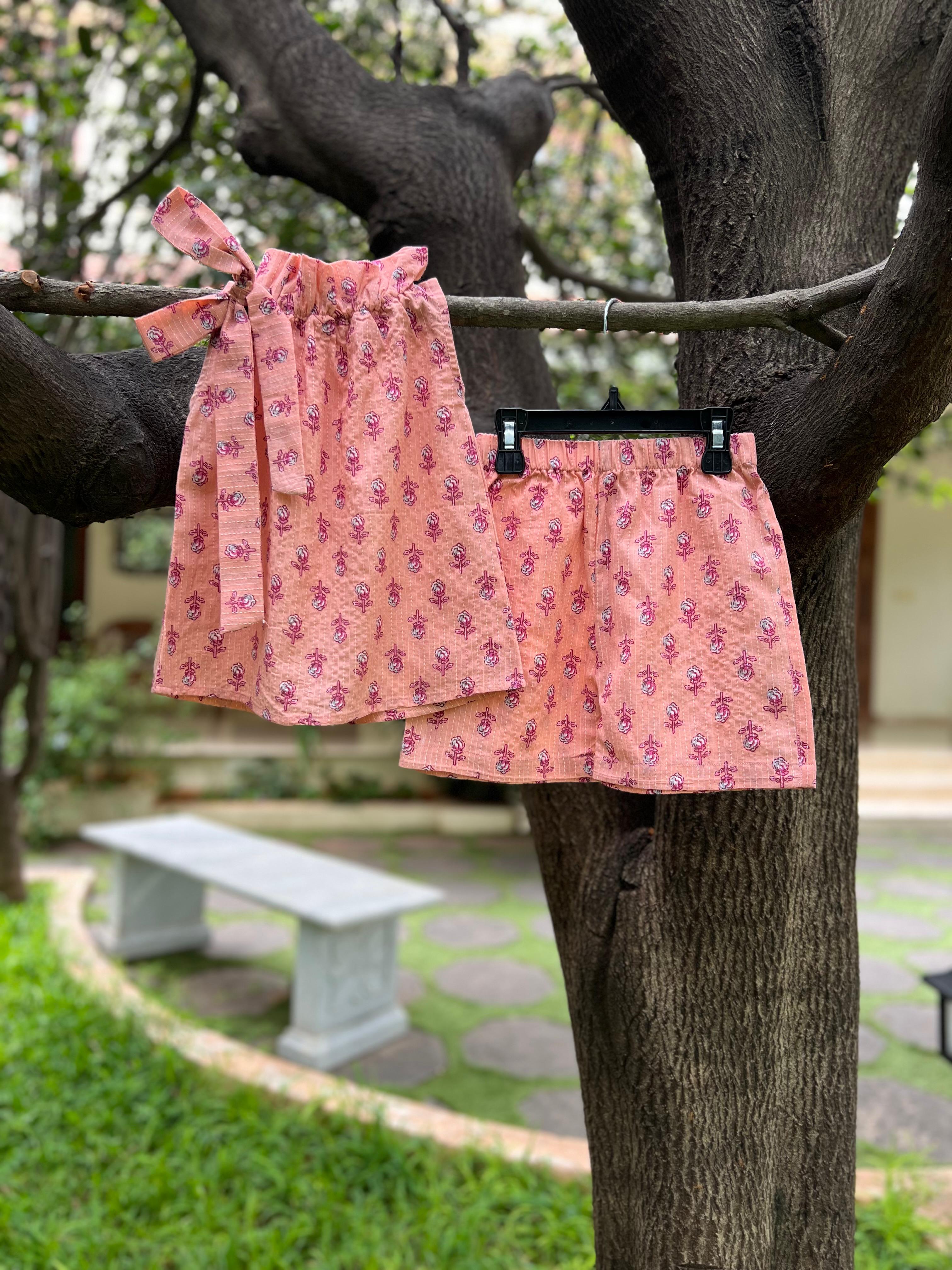 High Collar with Bow Peach shorts set