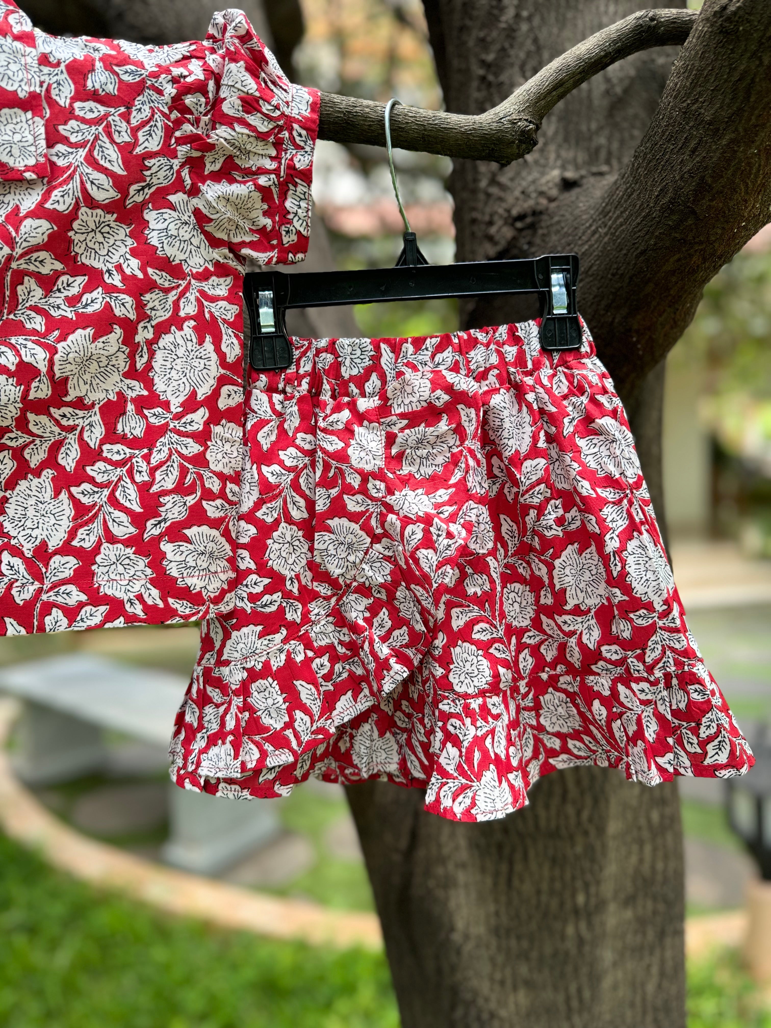 Red Floral Top & Short Skirt