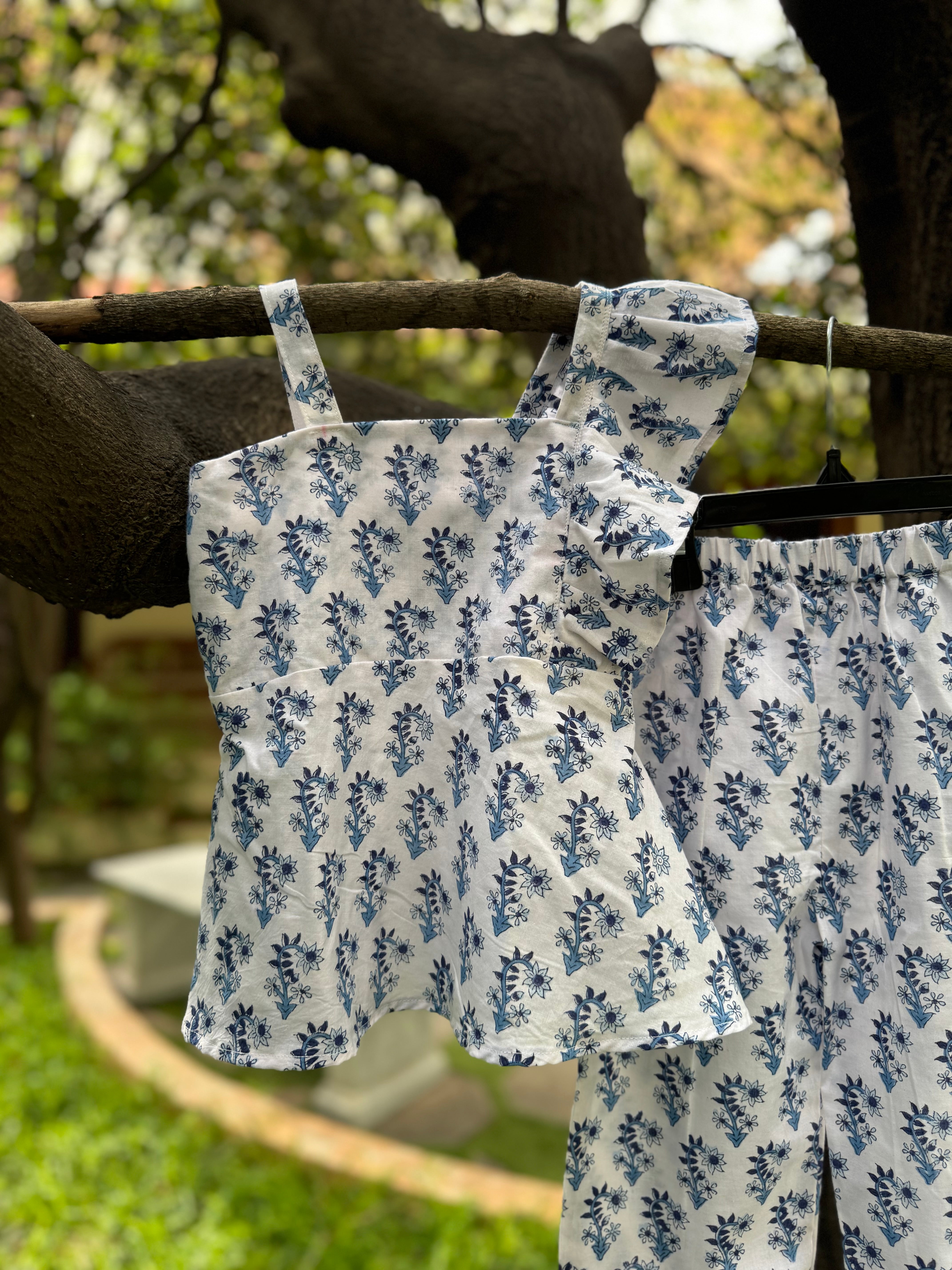 White & Blue Floral Co-ords, Single Shoulder Strap