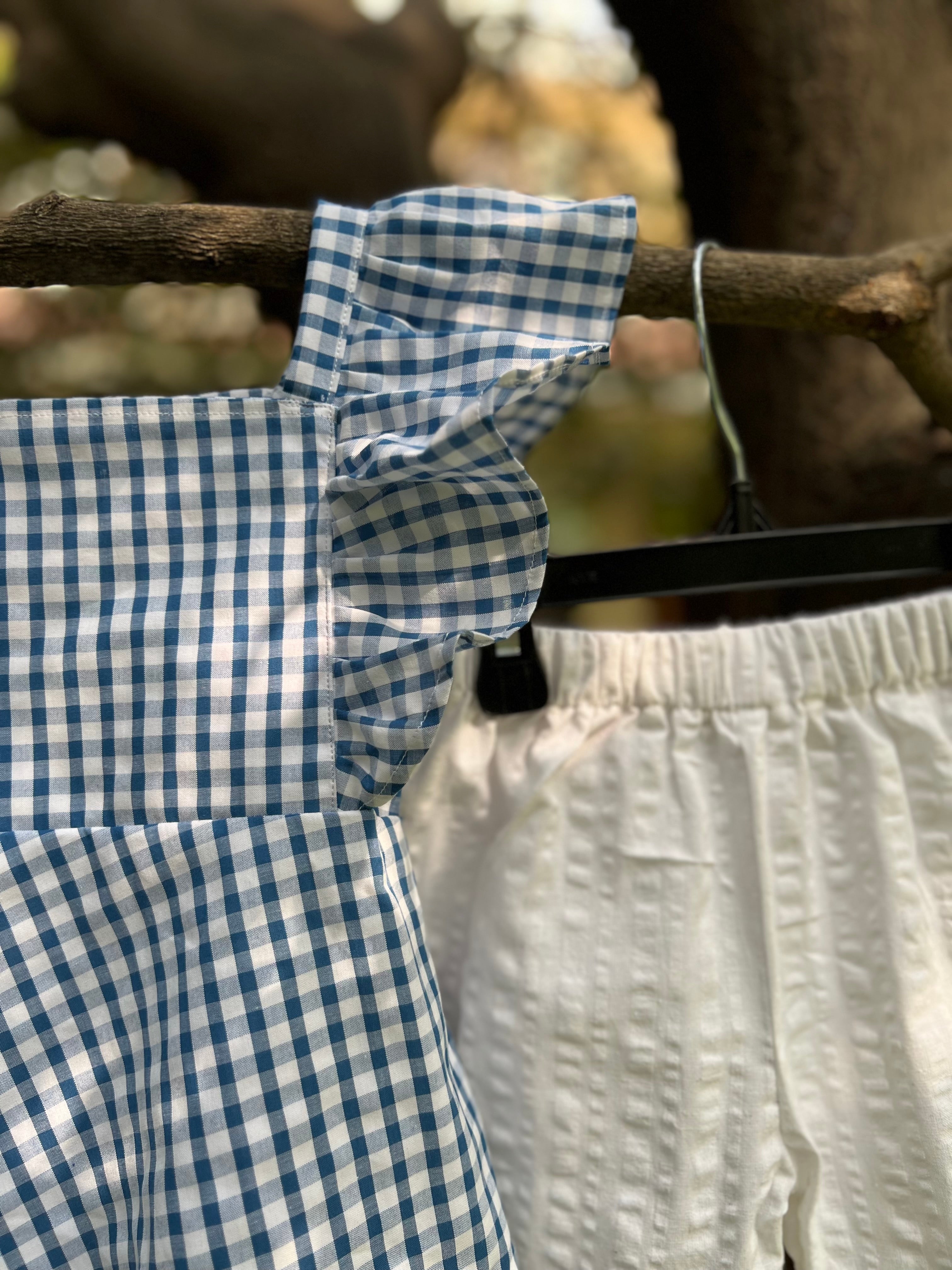 Blue Checked Top & White Shorts
