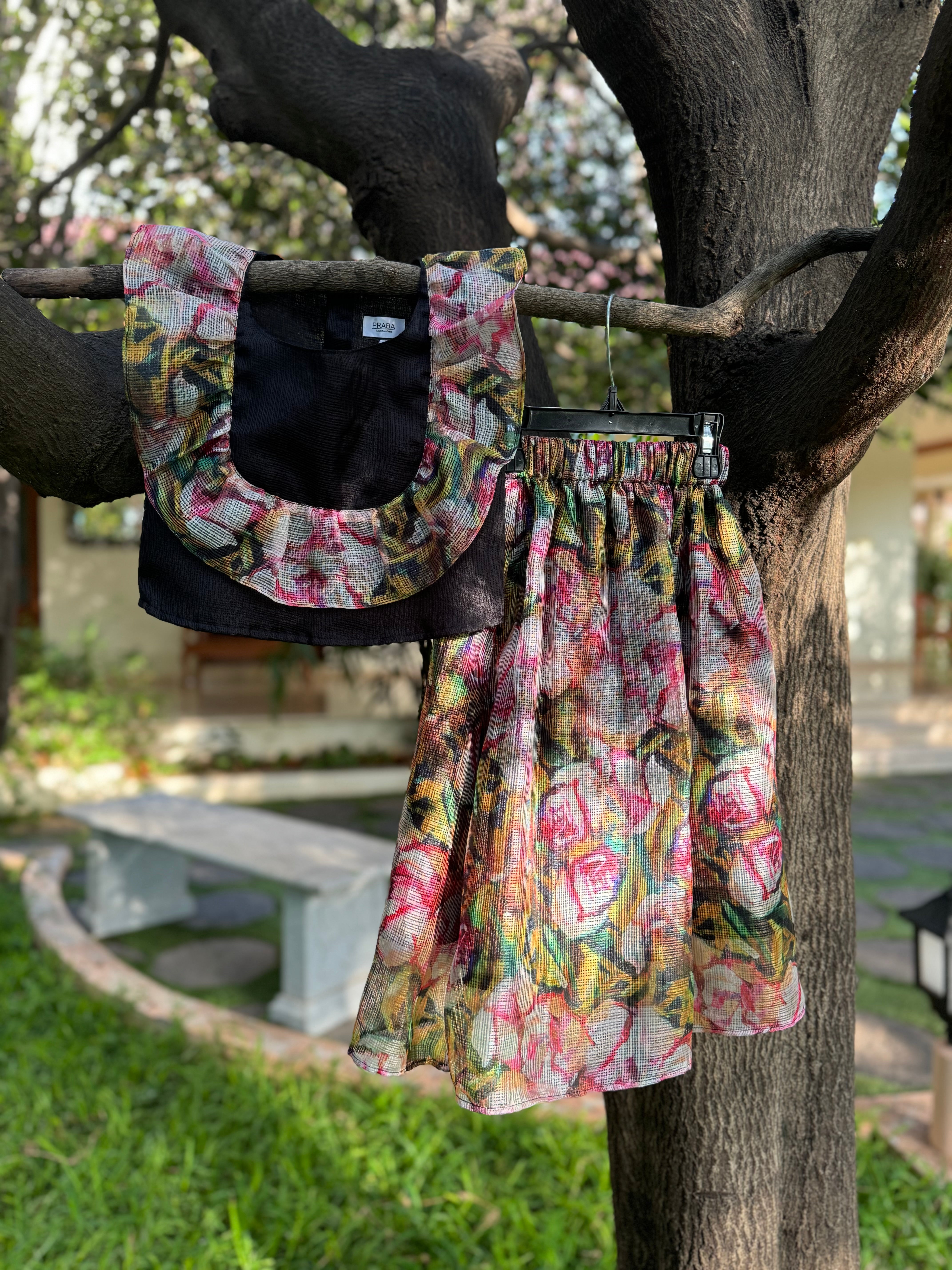 Black Floral Kota Full Skirt Set