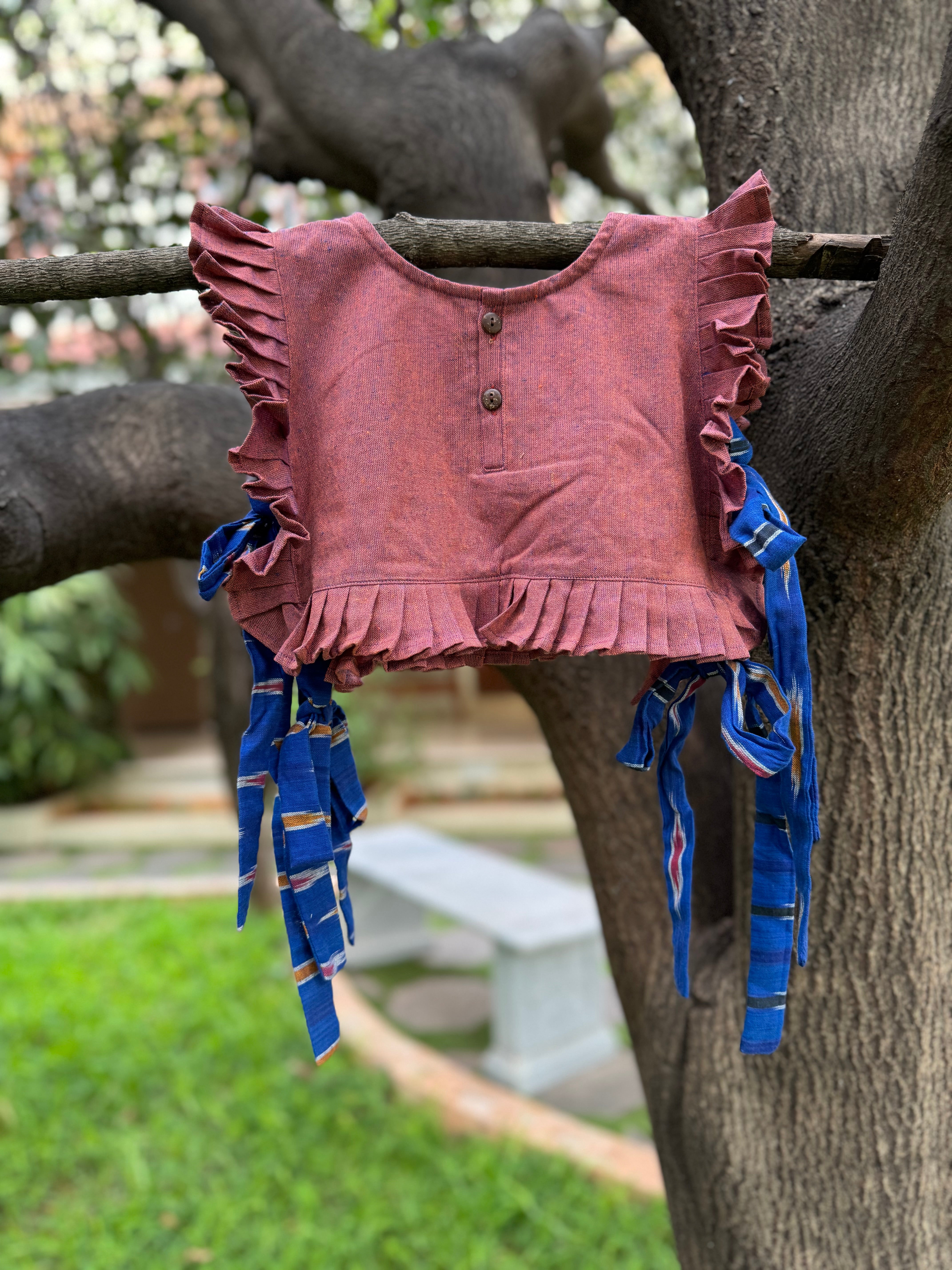 Burgundy color Top & Blue full pant, side open top, tie to secure.