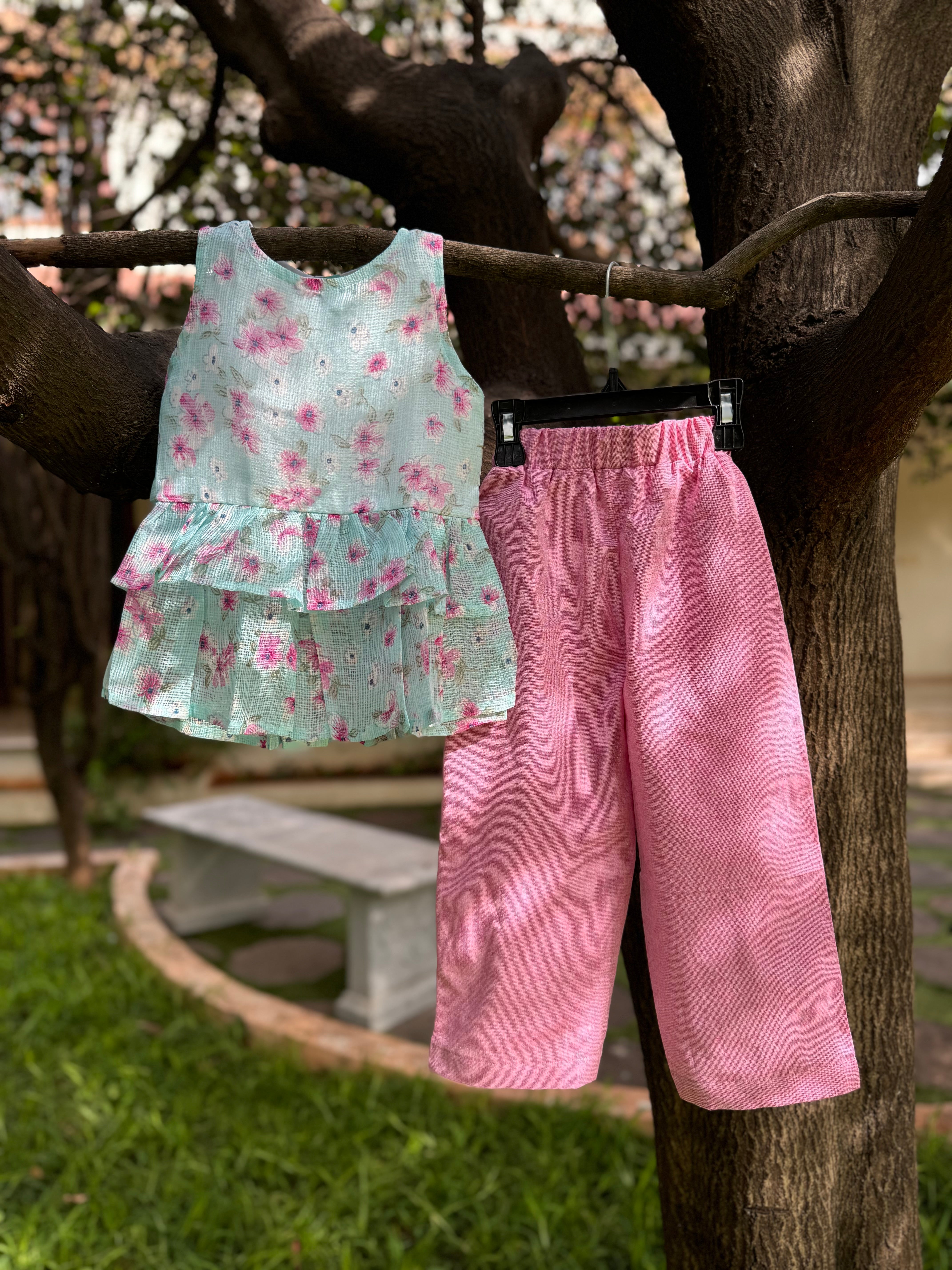 Ice Blue Floral Kota Top & Pink cotton pant
