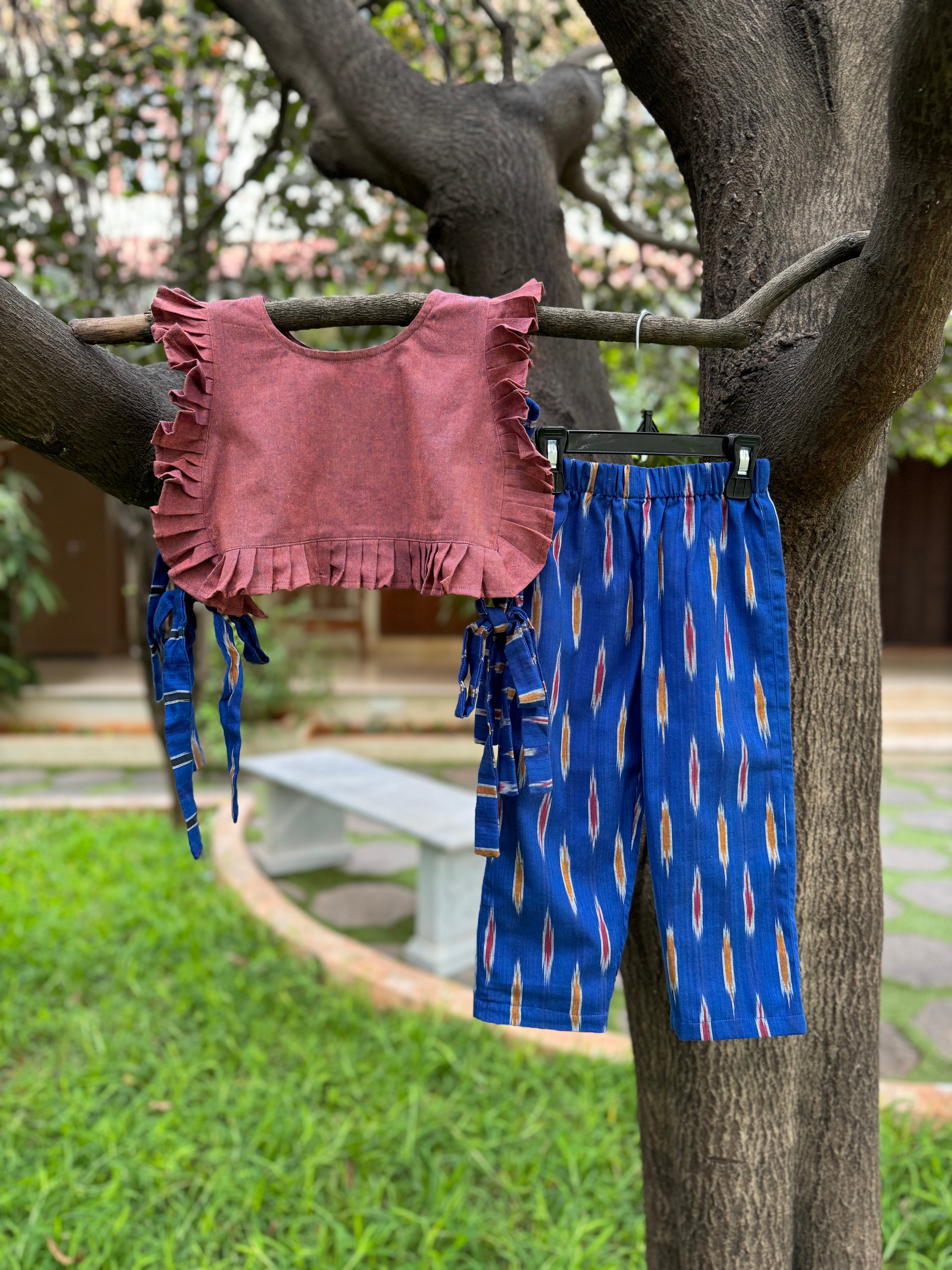 Burgundy color Top & Blue full pant, side open top, tie to secure.