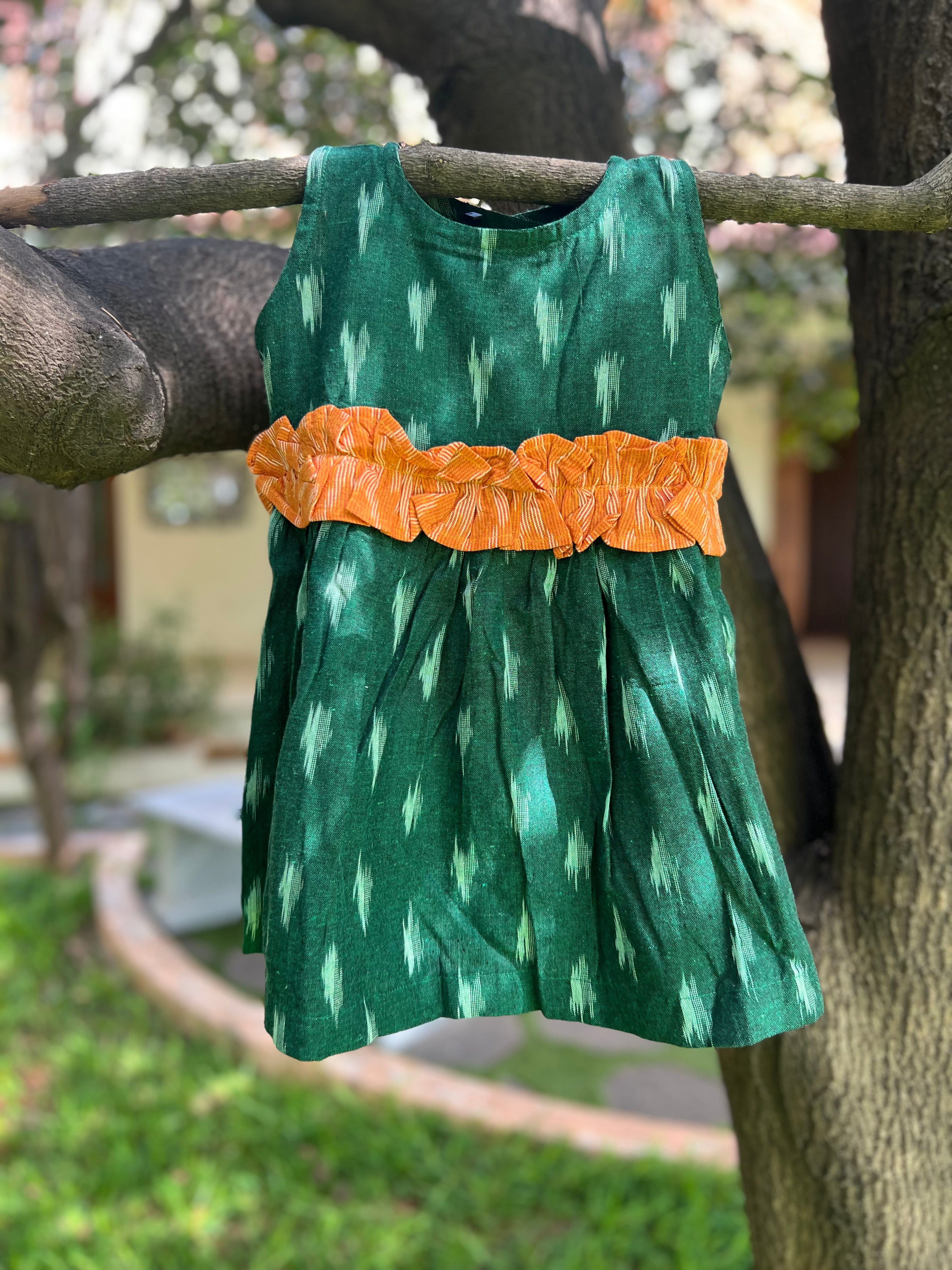 Green Ikkat Dress with Orange Ruffles