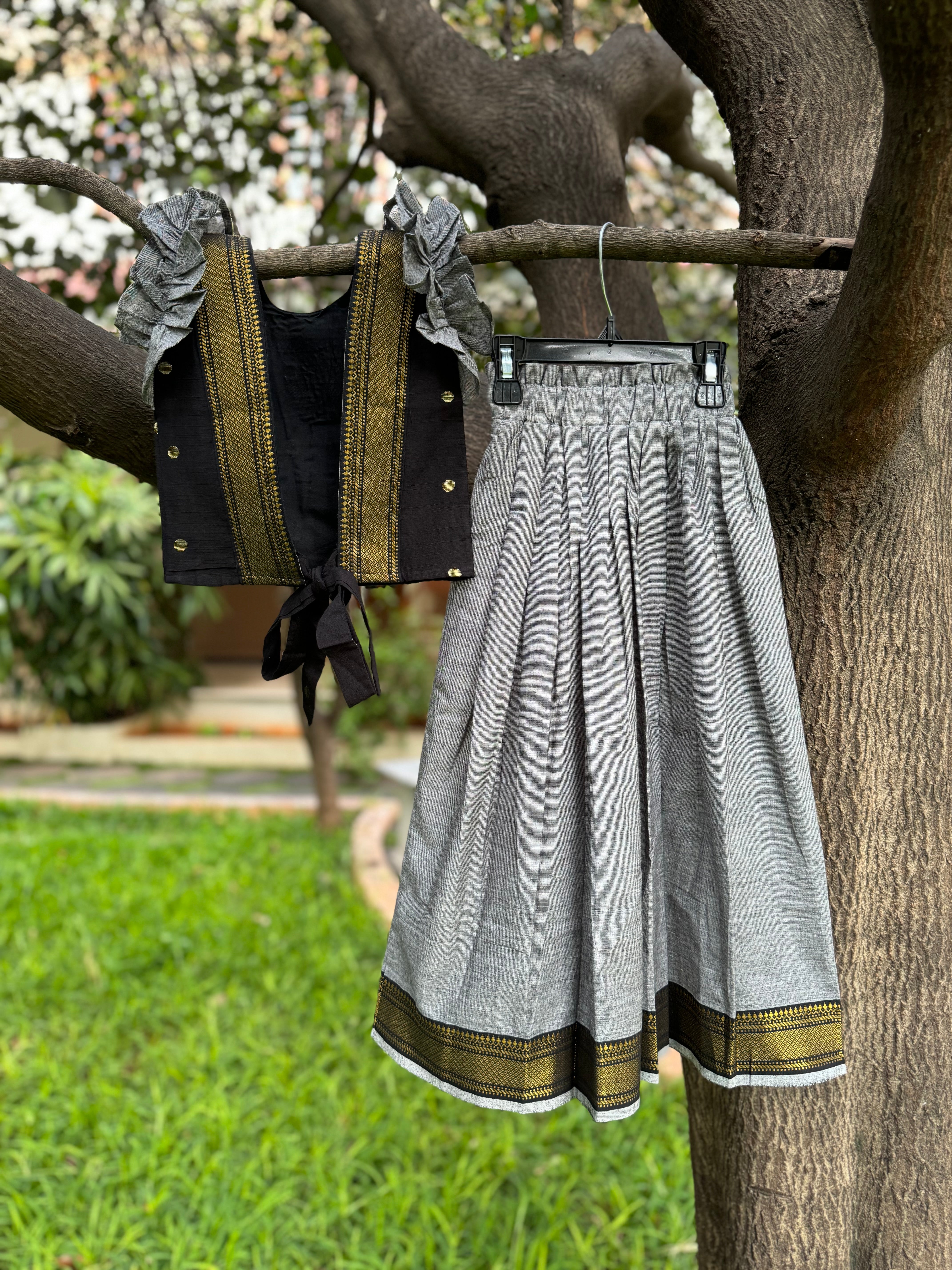 Grey Skirt & Black Top Full Skirt Set