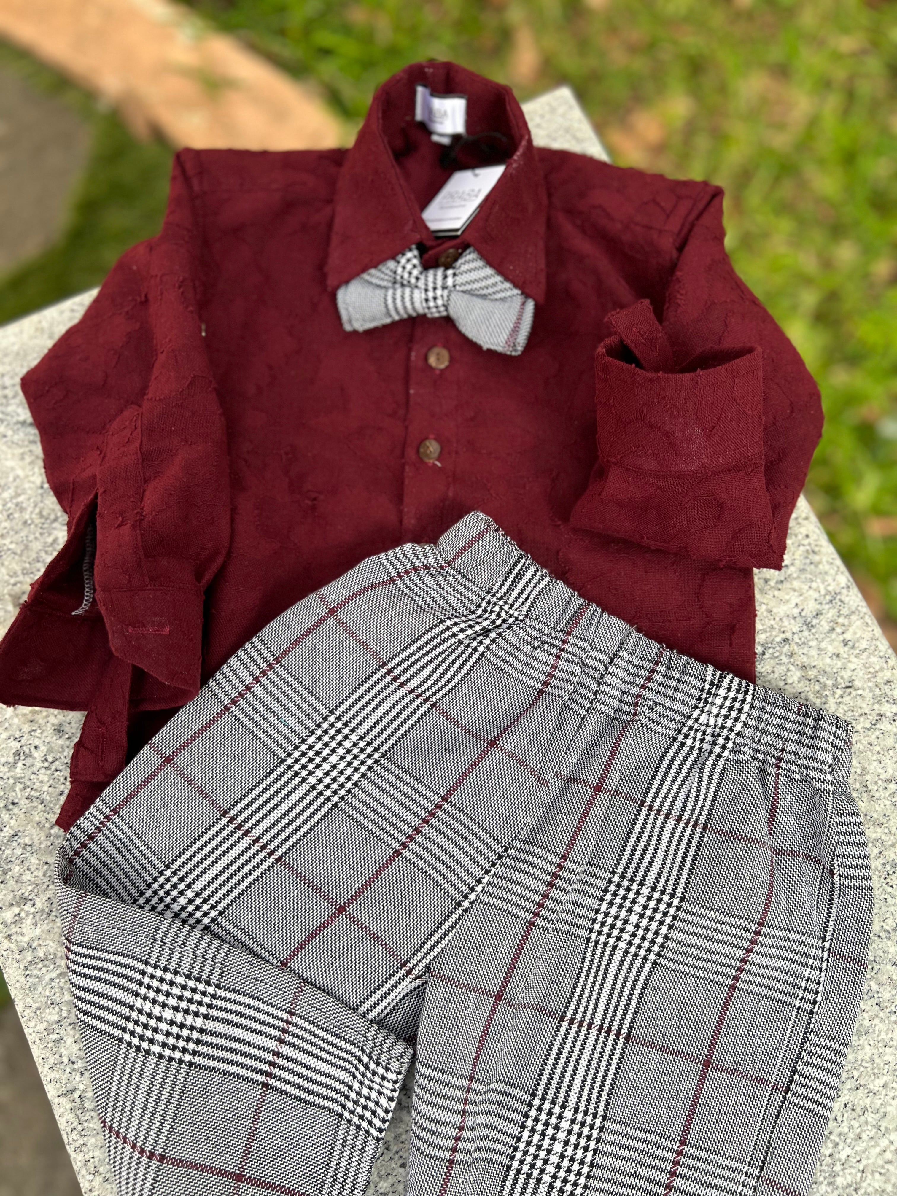 Maroon shirt and stripped Trousers 3 Piece Bow set