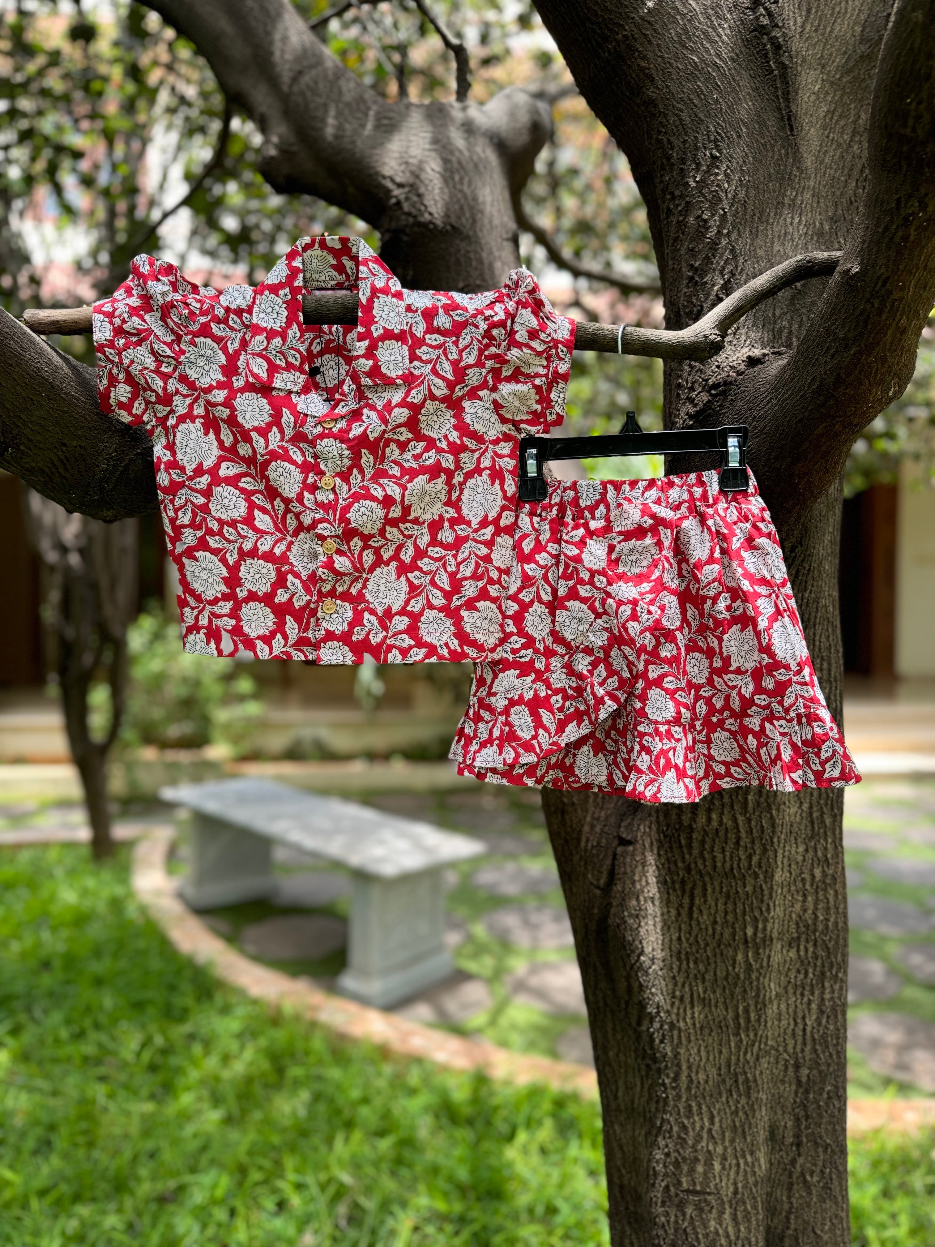 Red Floral Top & Short Skirt