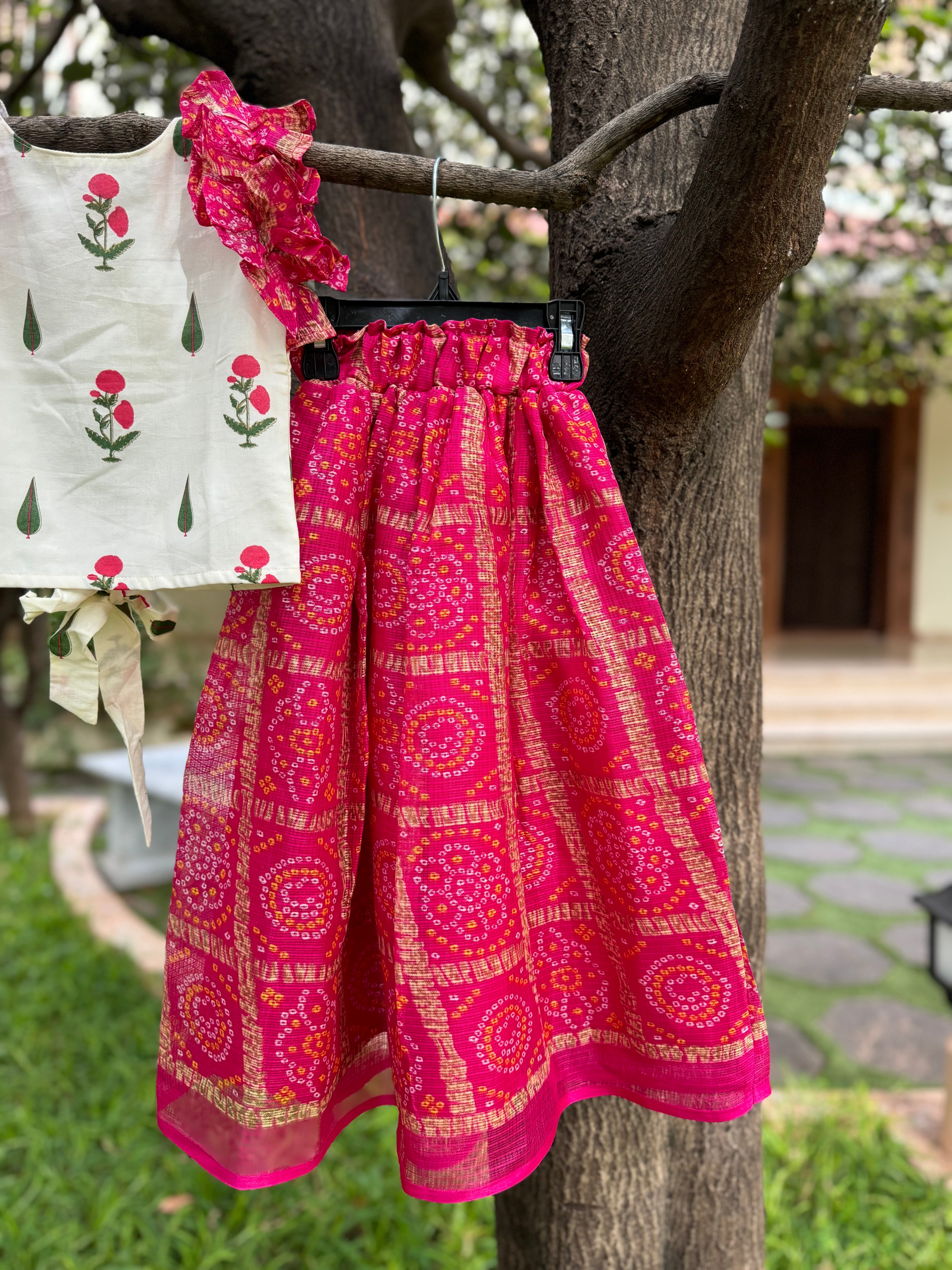 Cream Top & Pink Full Skirt