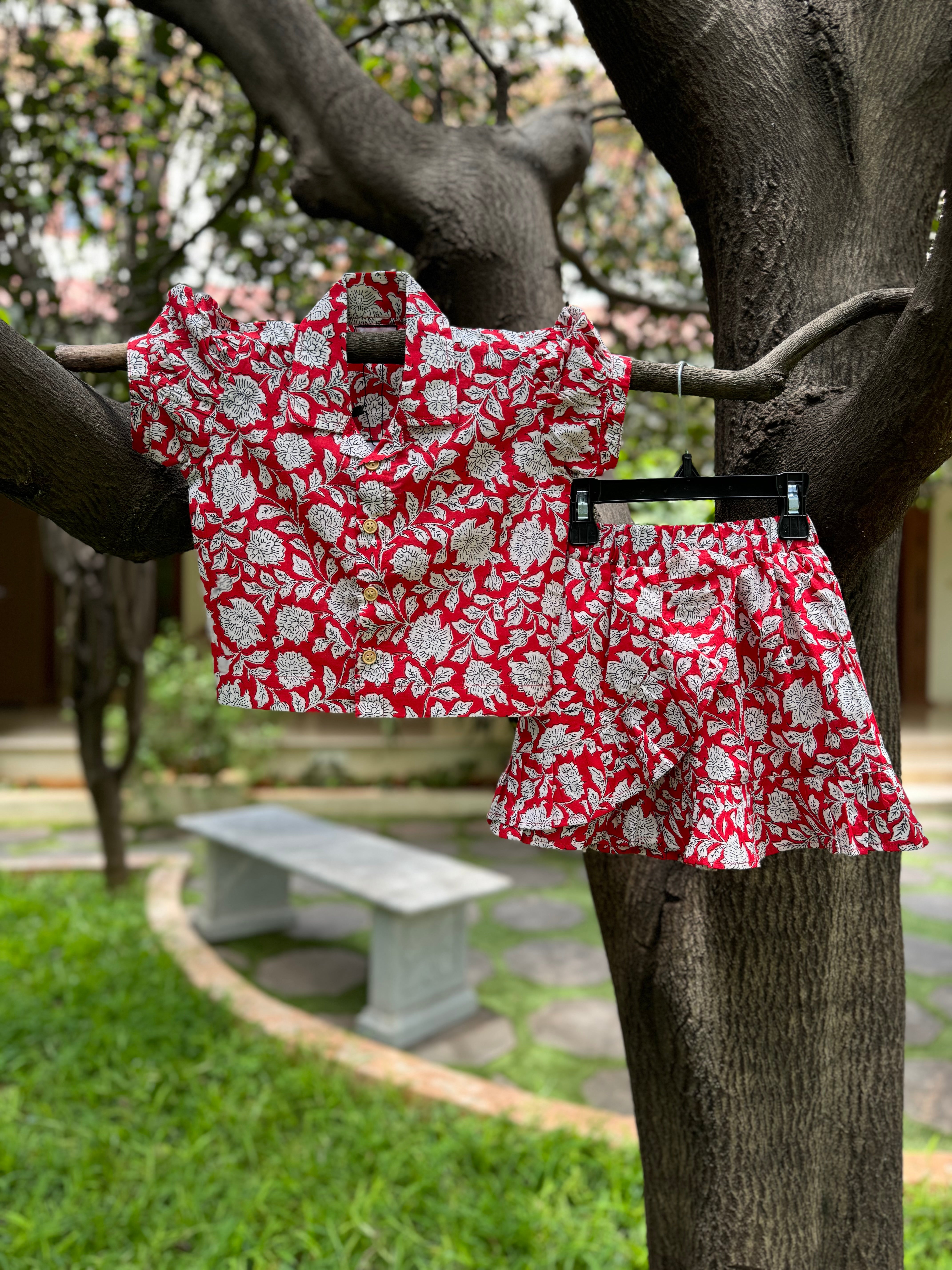 Red Floral Top & Short Skirt