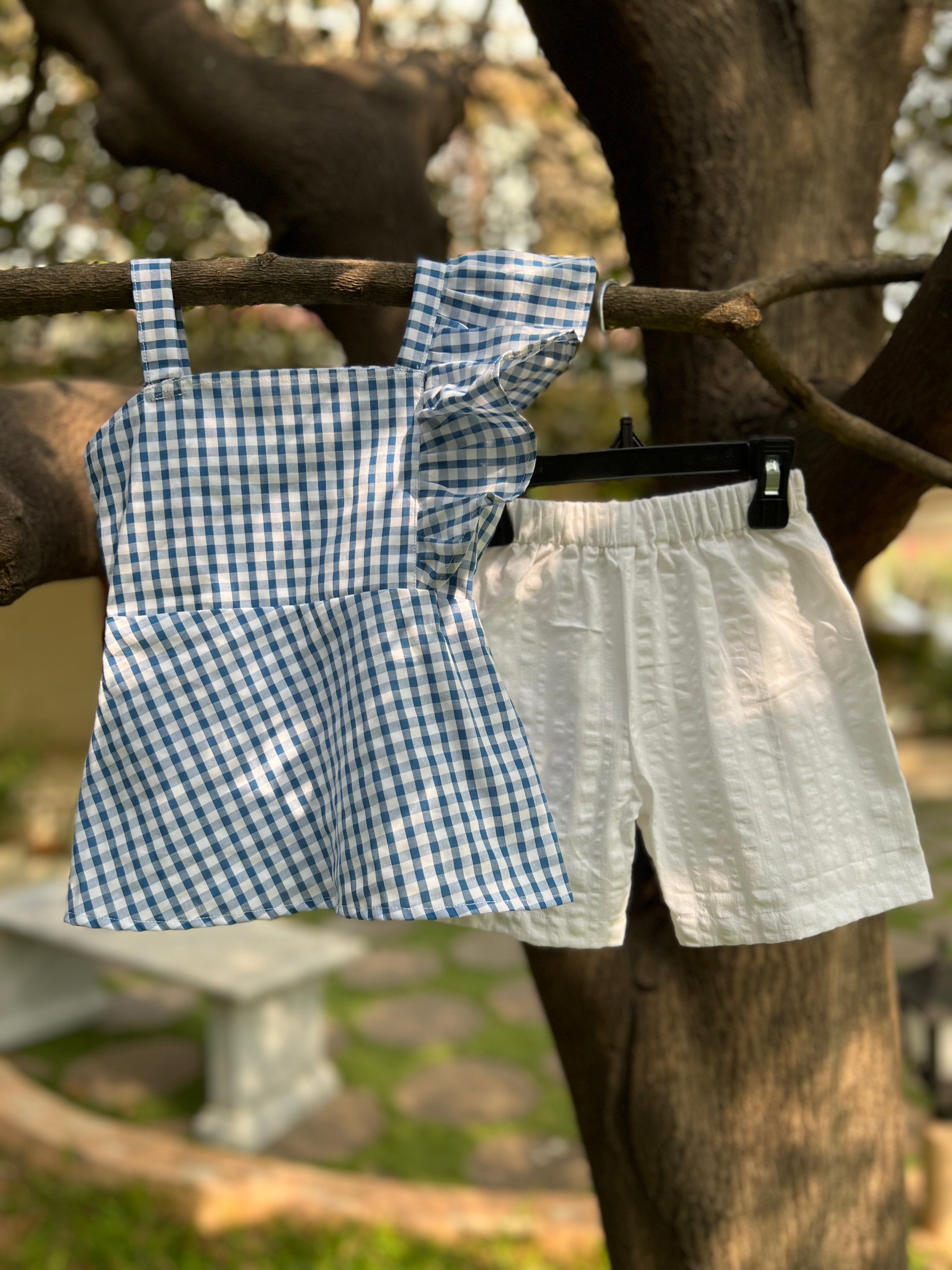 Blue Checked Top & White Shorts