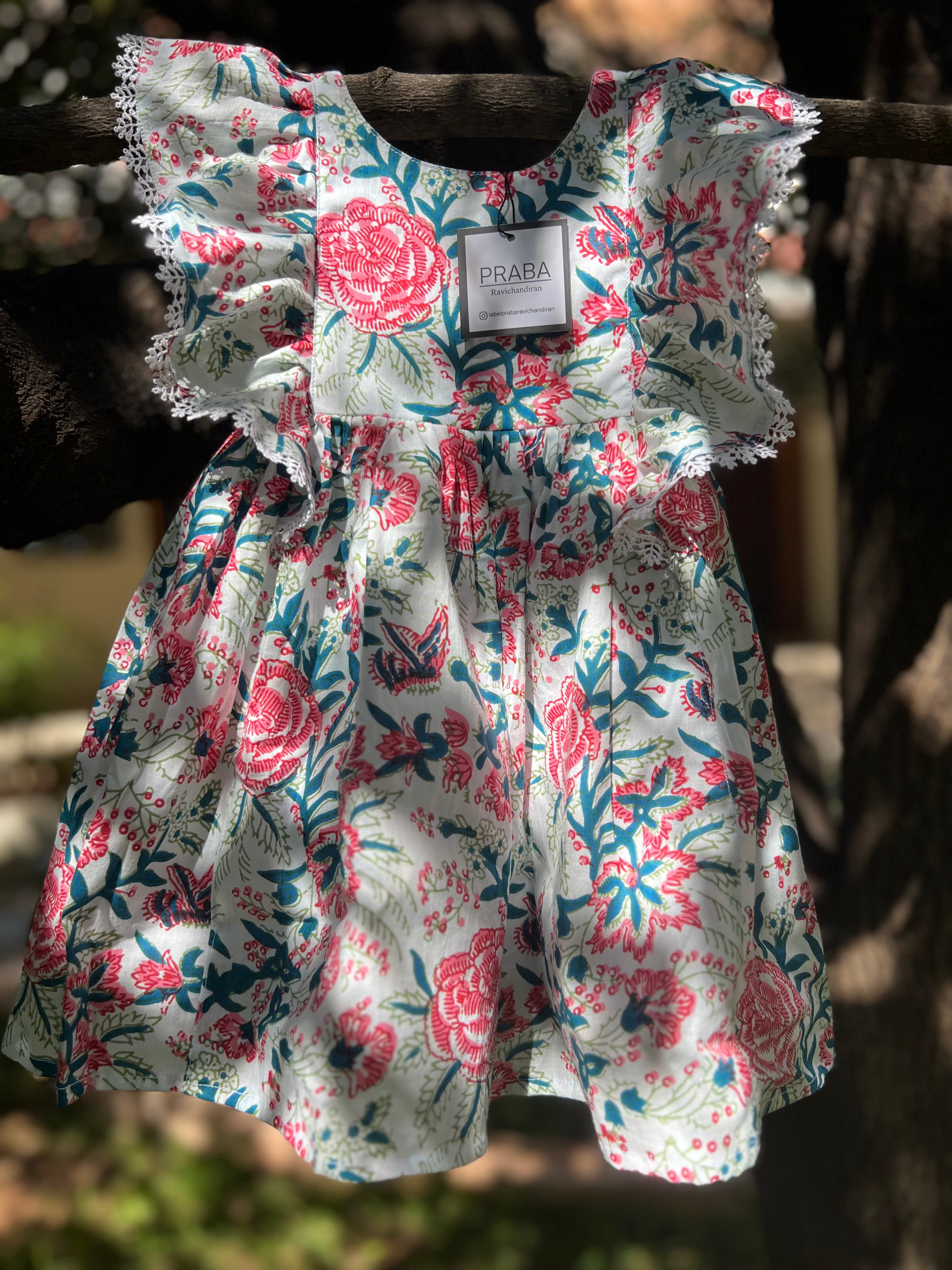 Pink & Blue Floral Dress (Double lining)