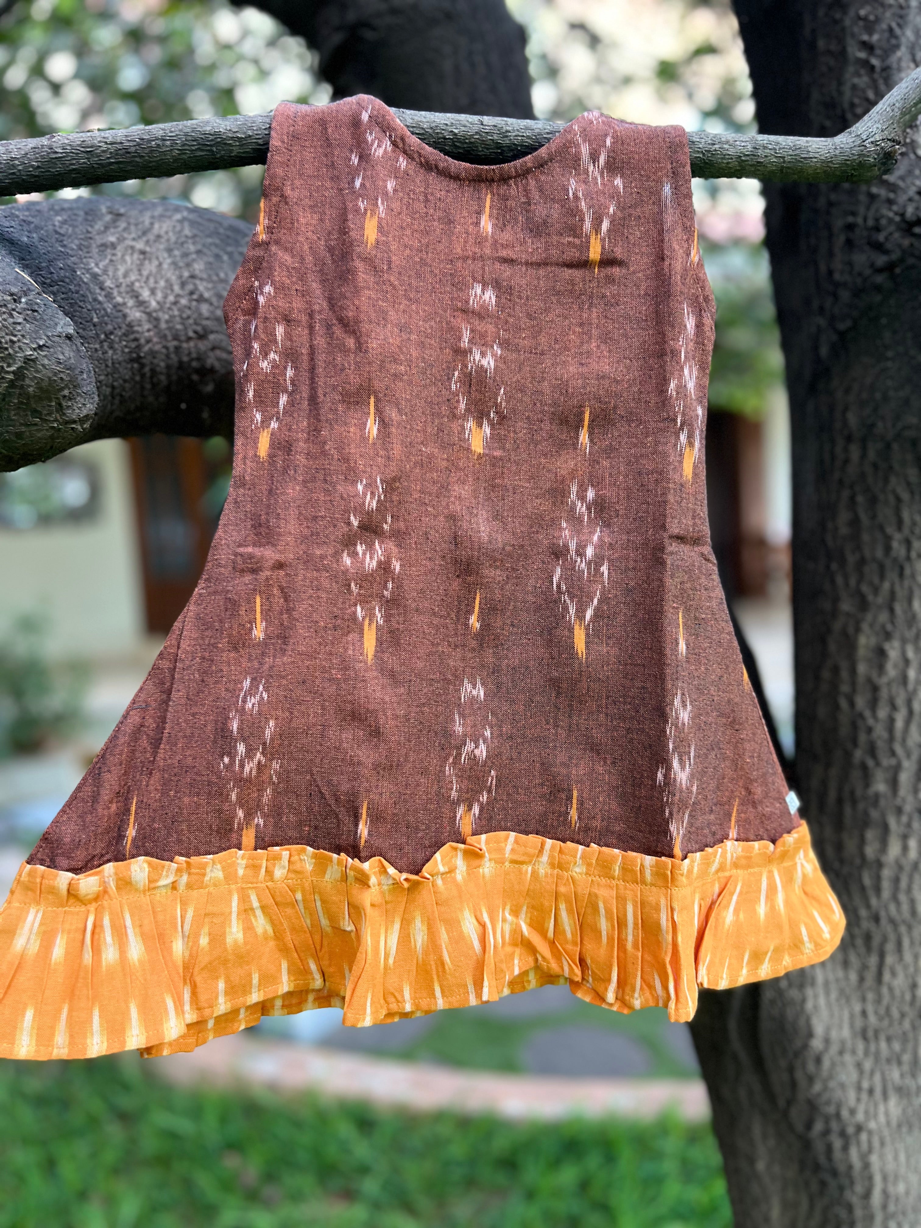 Ikkat Brown Dress with Yellow Ruffles