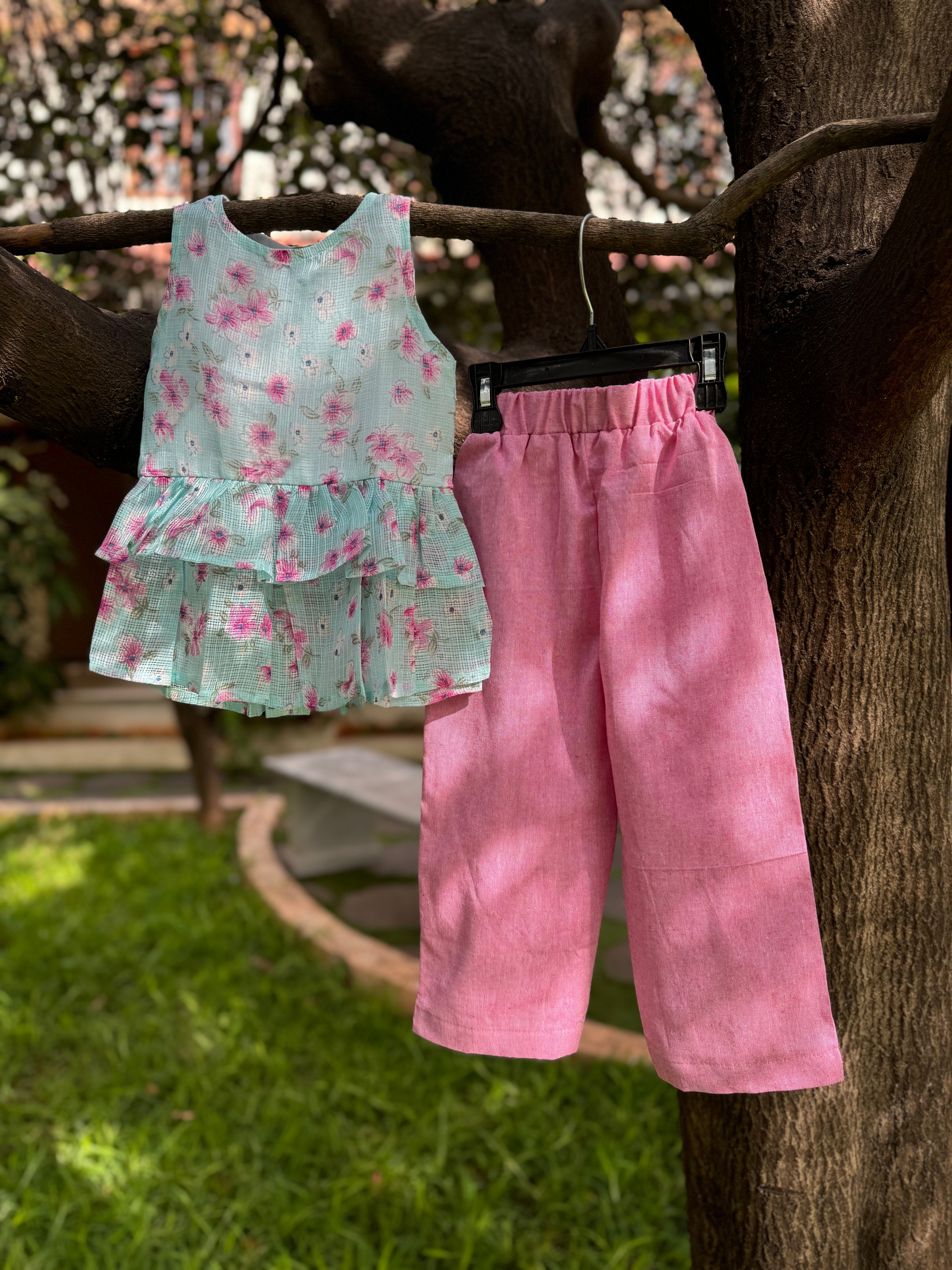 Ice Blue Floral Kota Top & Pink cotton pant
