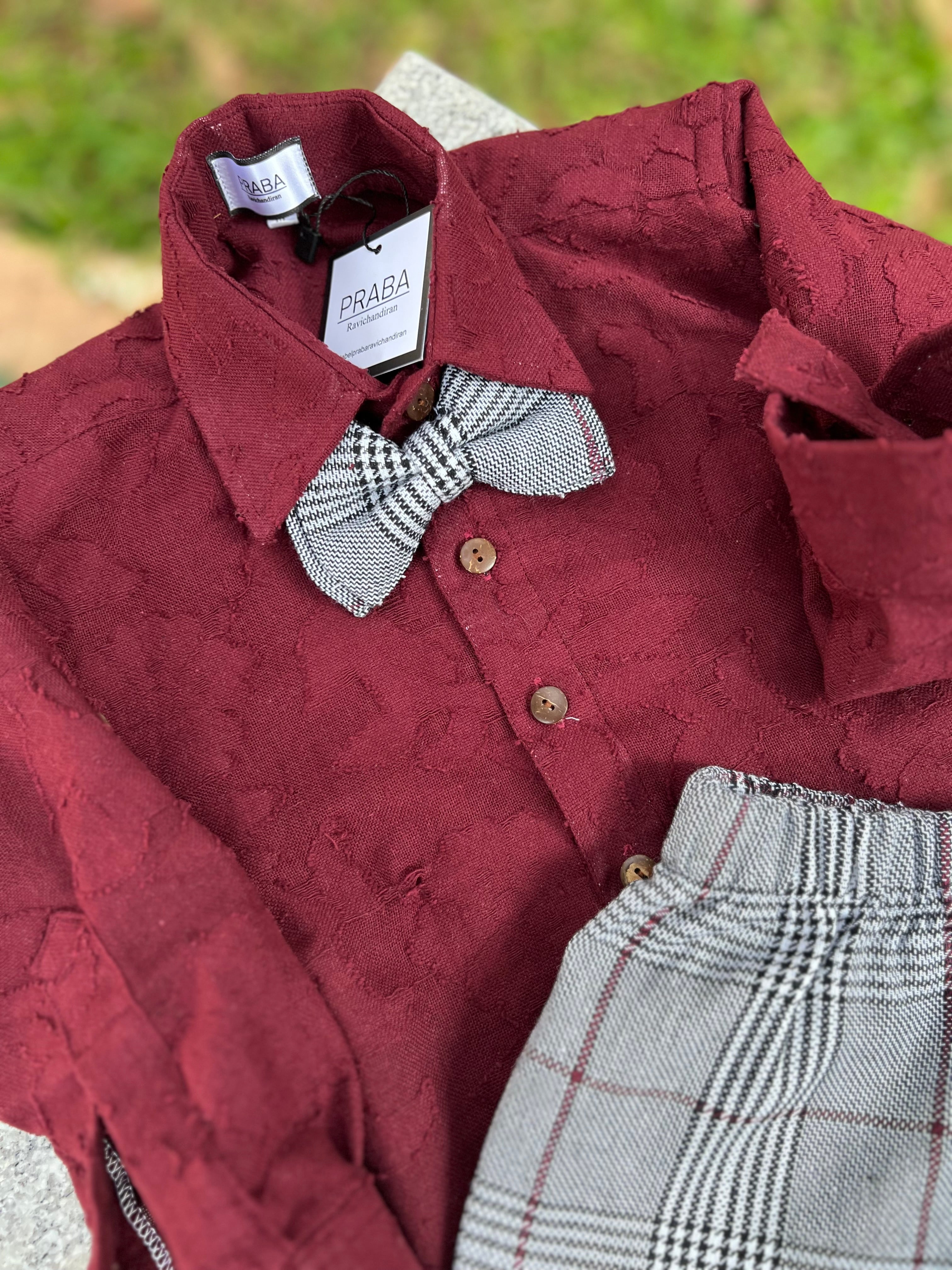 Maroon shirt and stripped Trousers 3 Piece Bow set