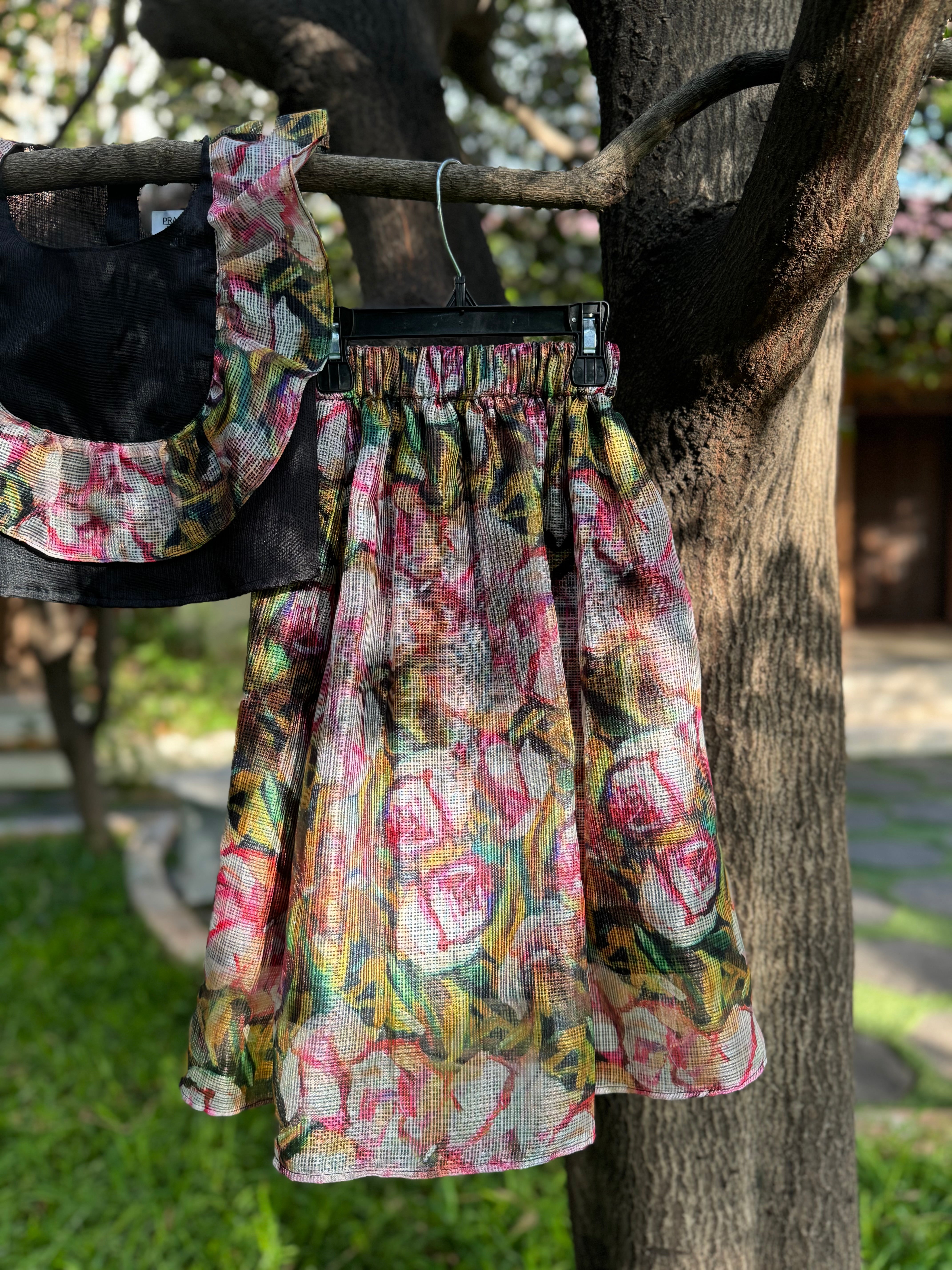 Black Floral Kota Full Skirt Set