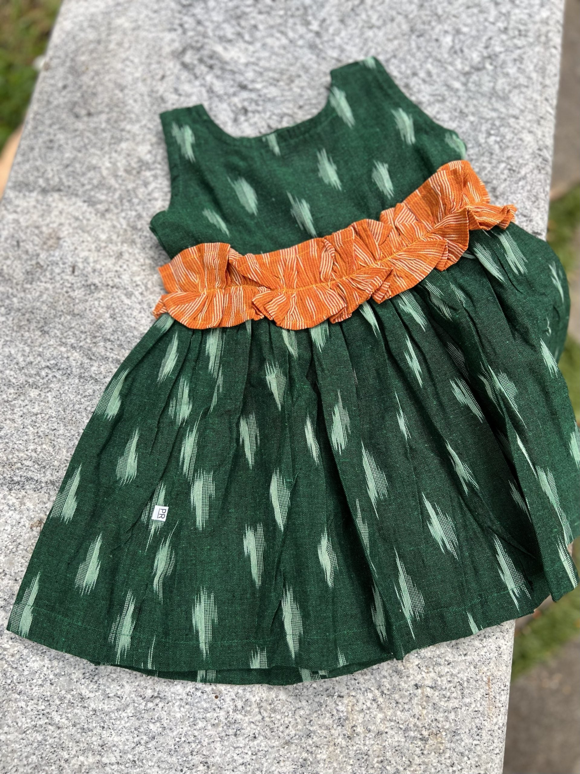 Green Ikkat Dress with Orange Ruffles